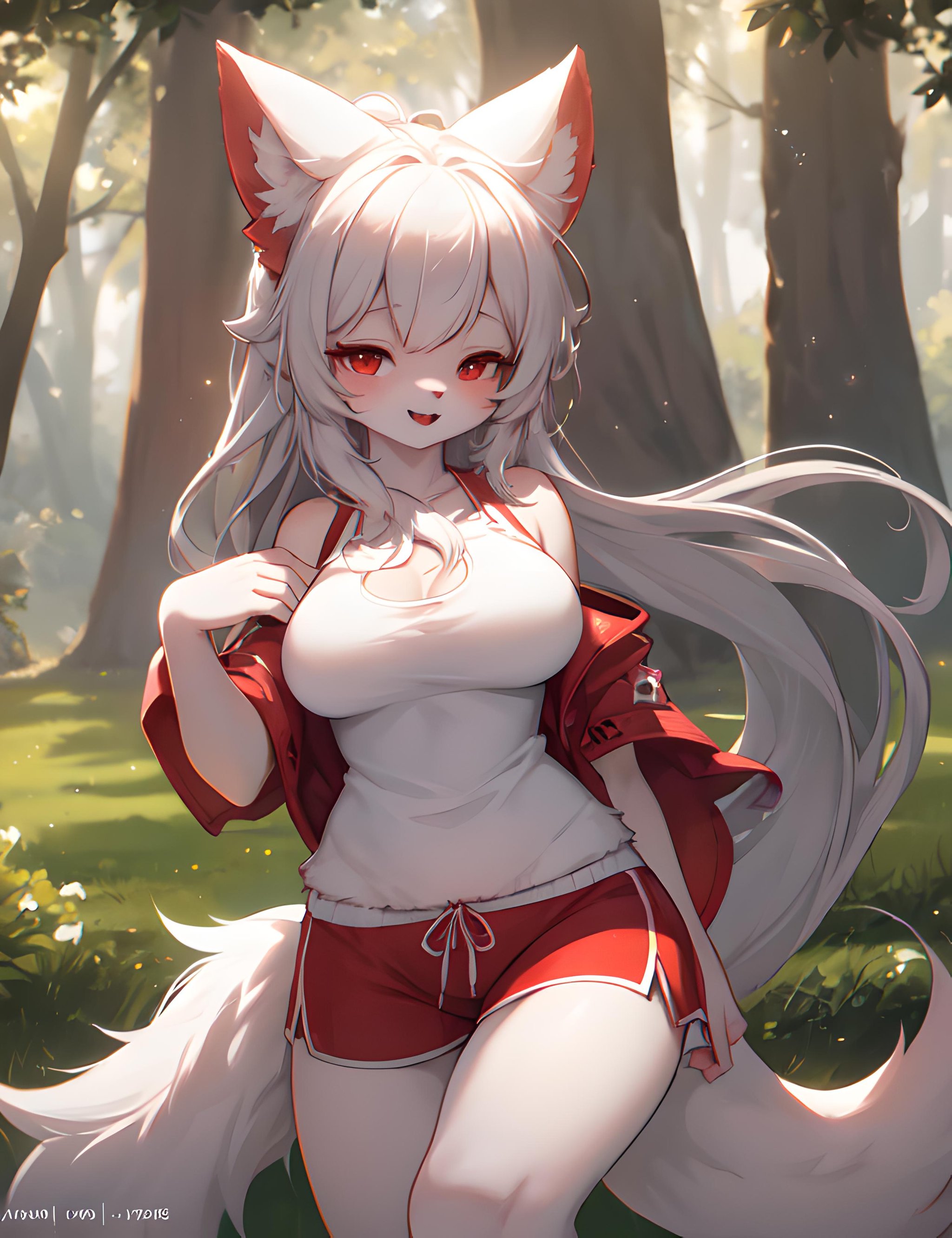 furry, white fur, tail, red elements on fur, normal breasts, beautiful view, sport shorts, close-up, summer, evening, hand on chest, beautiful lights and shadows, ambient light, ultra detailed fur, volumetric light 