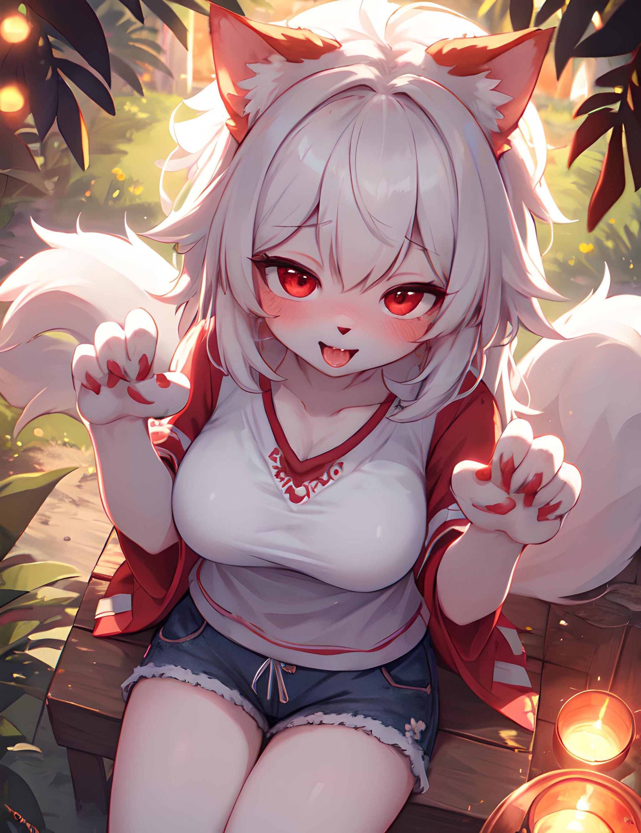 furry, white fur, tail, red elements on fur, normal breasts, beautiful front view, pov, summer shirt, summer shorts, close-up, sitting, hand on breasst, blush, ahegao, paw pose, summer, night, beautiful lights and shadows, ambient light, ultra detailed fur, volumetric light 