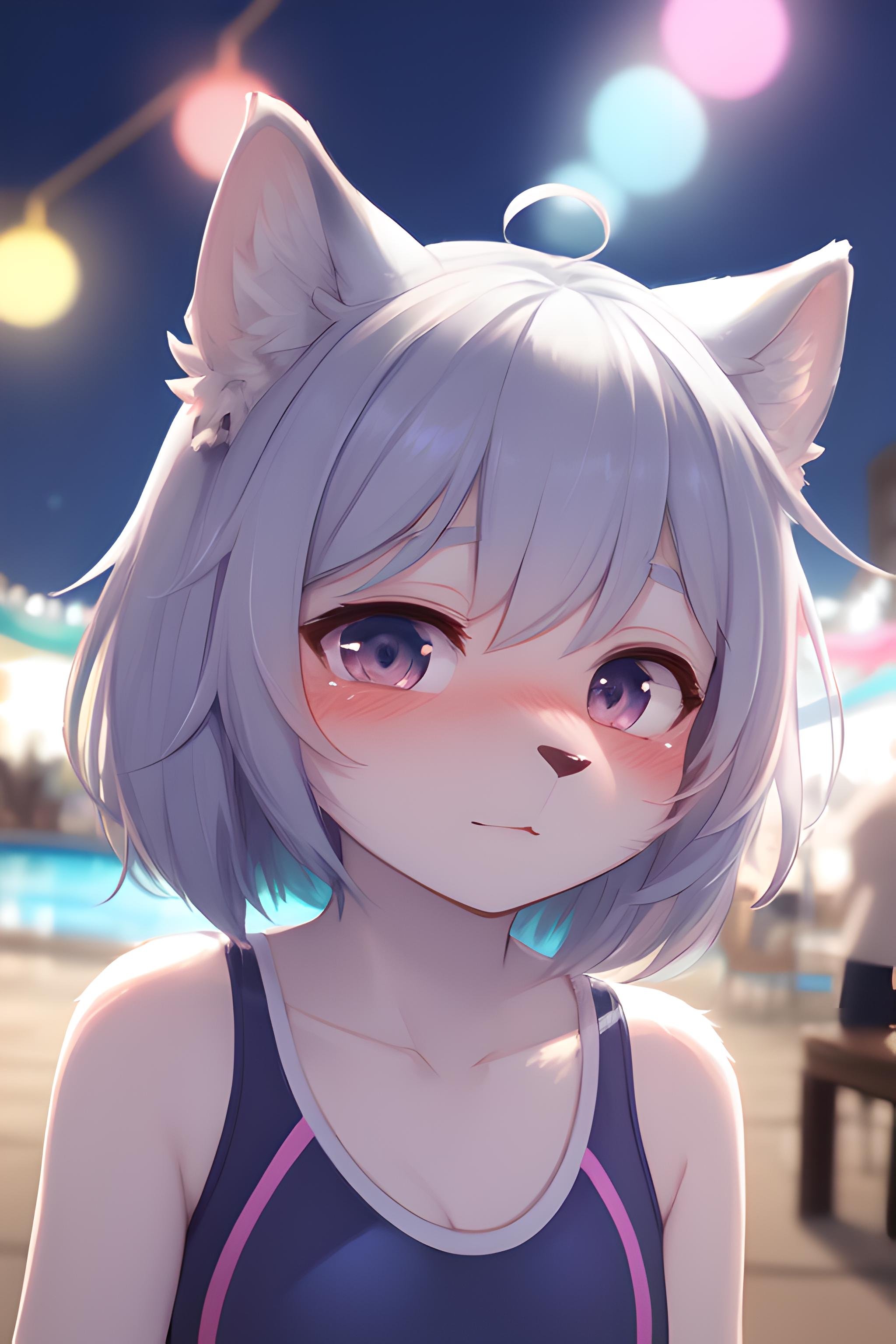 (furry:1.2), focus on face, swimsuit, blush, beautiful lights and shadows