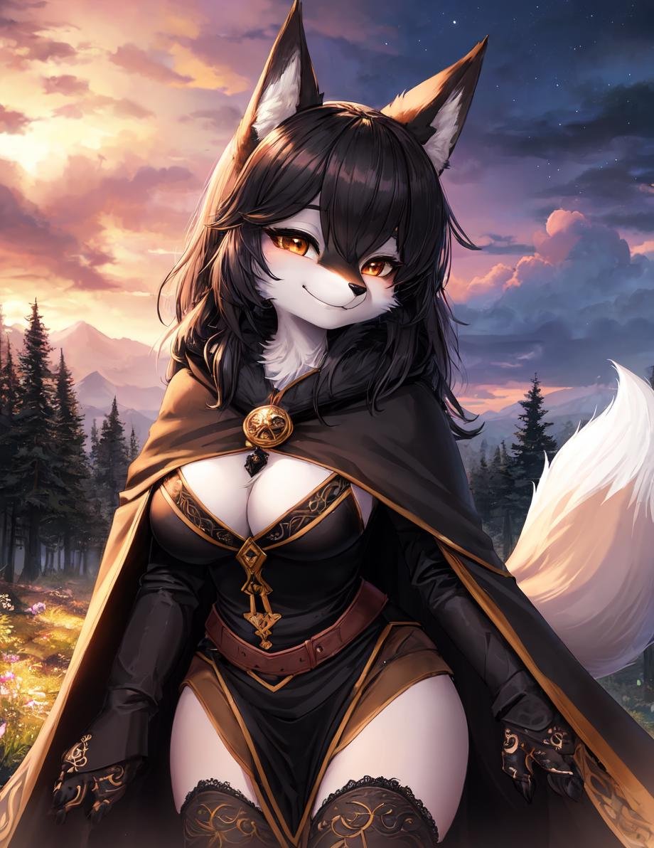 (furry:1.4), beautiful nigh sky, female, curve body, black fur, fox smirk, (black cape:1.2), front view, fantasy forest, cute big ears, fluffy tail, (detailed fur:1.15), wonderful landscape, background blur