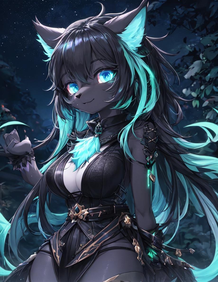 furry, black fur, night, glowing hairs