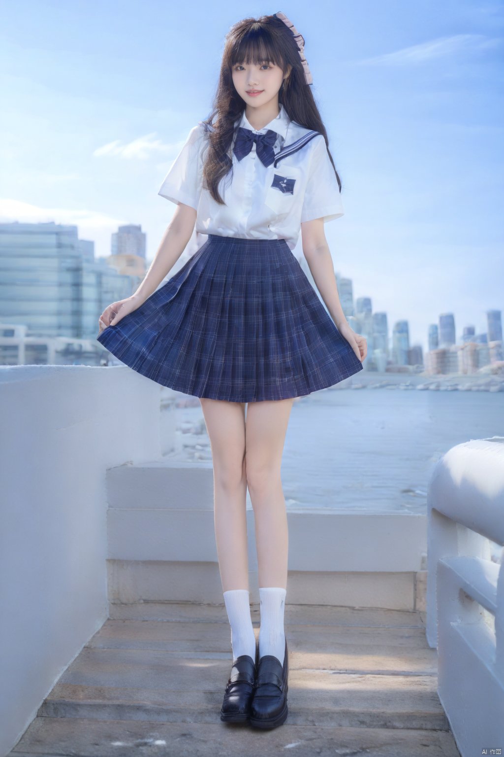 jk2, 1girl, skirt, plaid, socks, plaid skirt, long hair, school uniform, black footwear, shirt, bow, black hair, white shirt, blue bow, standing, white socks, solo, shoes, sky, short sleeves, looking at viewer, blue skirt, full body, blue bowtie, bowtie, bangs, day, standing on one leg, brown eyes, cloud, smile, jk