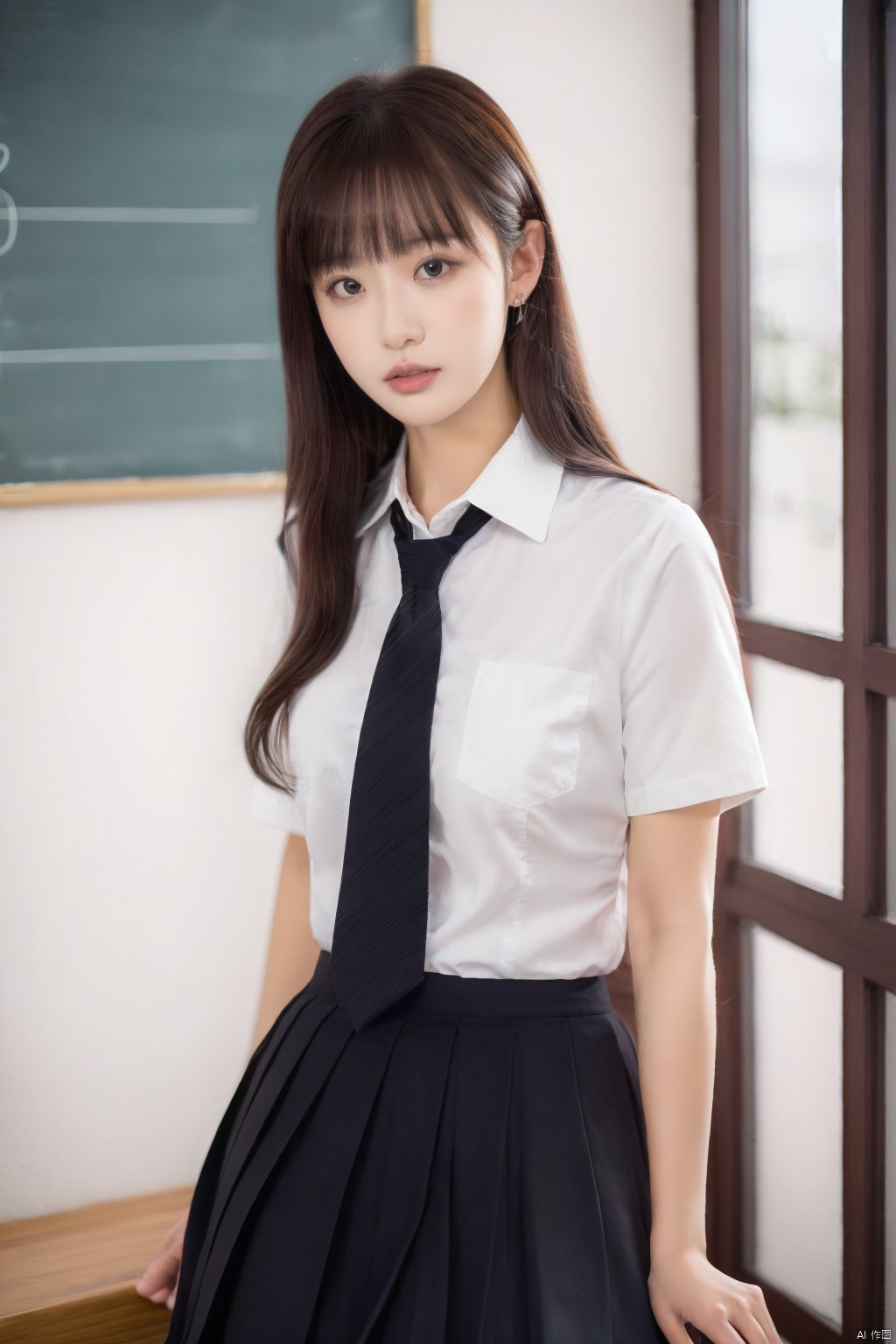 jk2, 1girl, solo, skirt, necktie, long hair, brown hair, shirt, school uniform, pleated skirt, head out of frame, black skirt, black hair, realistic, white shirt, short sleeves, indoors