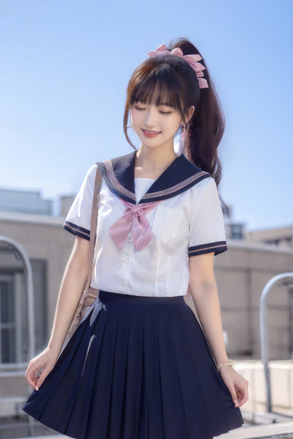 jk2, 1girl, solo, school uniform, skirt, bag, closed eyes, ponytail, long hair, serafuku, smile, ribbon, outdoors, short sleeves, pleated skirt, bracelet, hair ribbon, sailor collar, shirt, day, black hair, pink ribbon, school bag, sky, blue sky, jewelry, standing, black skirt, white shirt, brown hair, jk