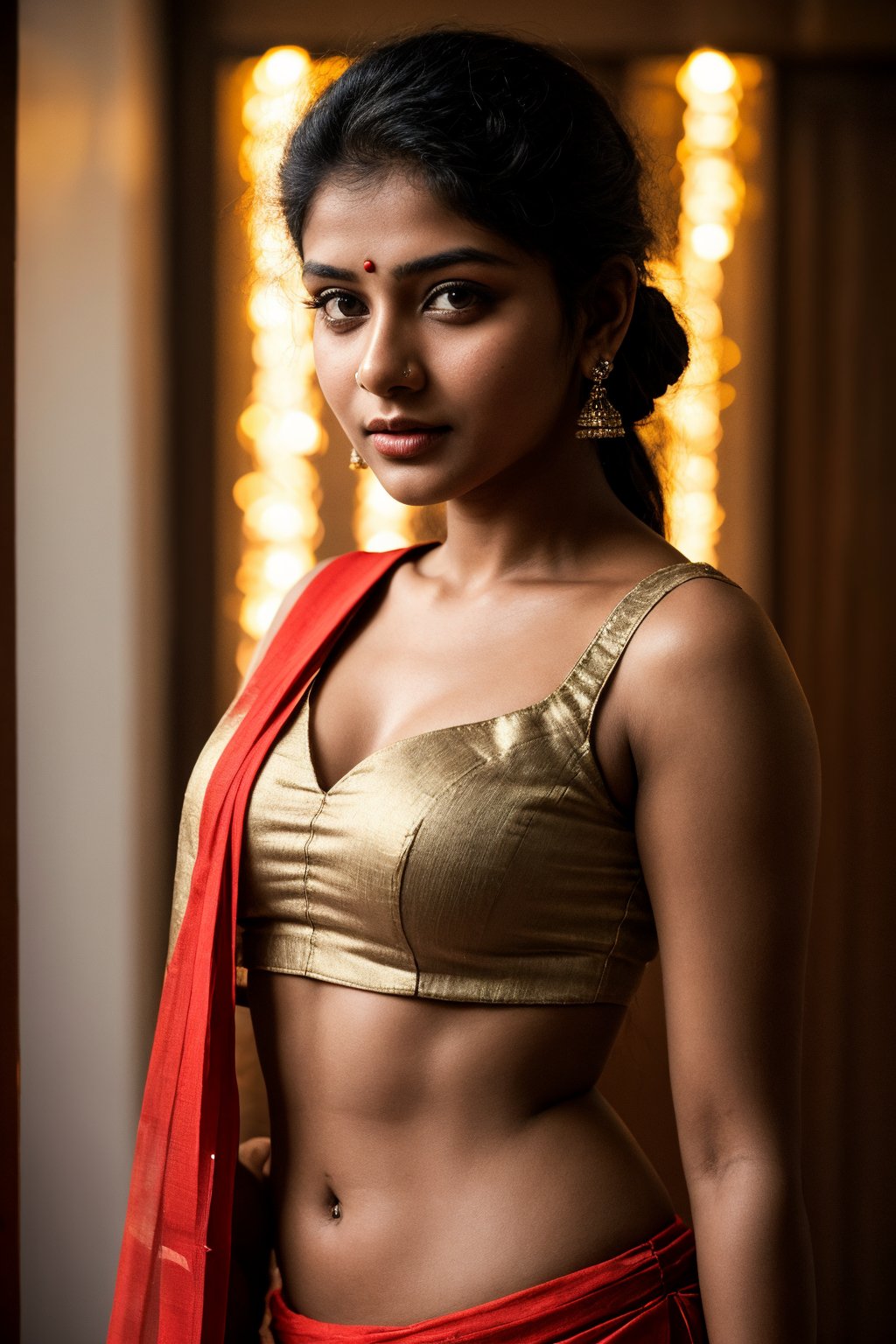 Raw photo of (18yo Kerala Beautiful young woman:1.1, thin waist, (best quality, highres, ultra-detailed:1.2), This breathtaking photograph, shot on a Canon 1DX with a 50 mm f/2.8 lens, beautifully showcases the raw and authentic beauty of life. high resolution 8k image quality, vibrant colors, glowing dimond, glowing eyes, realistic Raw photo, realistic lighting, traditional Red saree,  exotic beauty, mesmerizing eyes, girl ,Thrissur,Mallu,Saree,Muscular female body,Light particles,Light particles and spark,1 girl,Trans girl,Hourglass figure