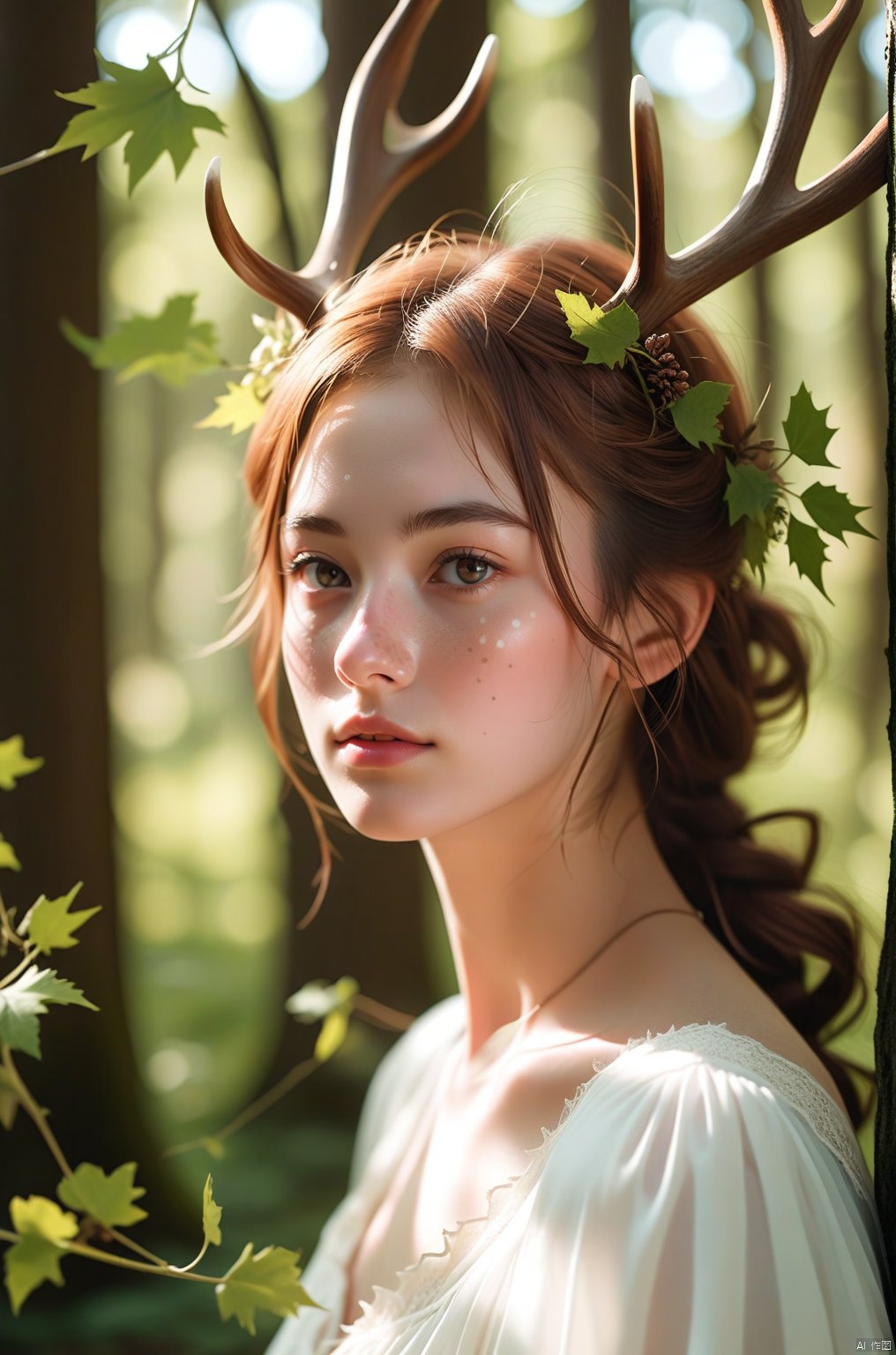 Vintage portrait, photography style, soft focus, pure face,Deer, girl, antlers, vine with leaves, Blonde hair, European and American advanced face, freckles, Detailed light and shadow, Wind, (Strong Sunshine),Two plaits, The forest,Front light source, , 1girl, 1 girl