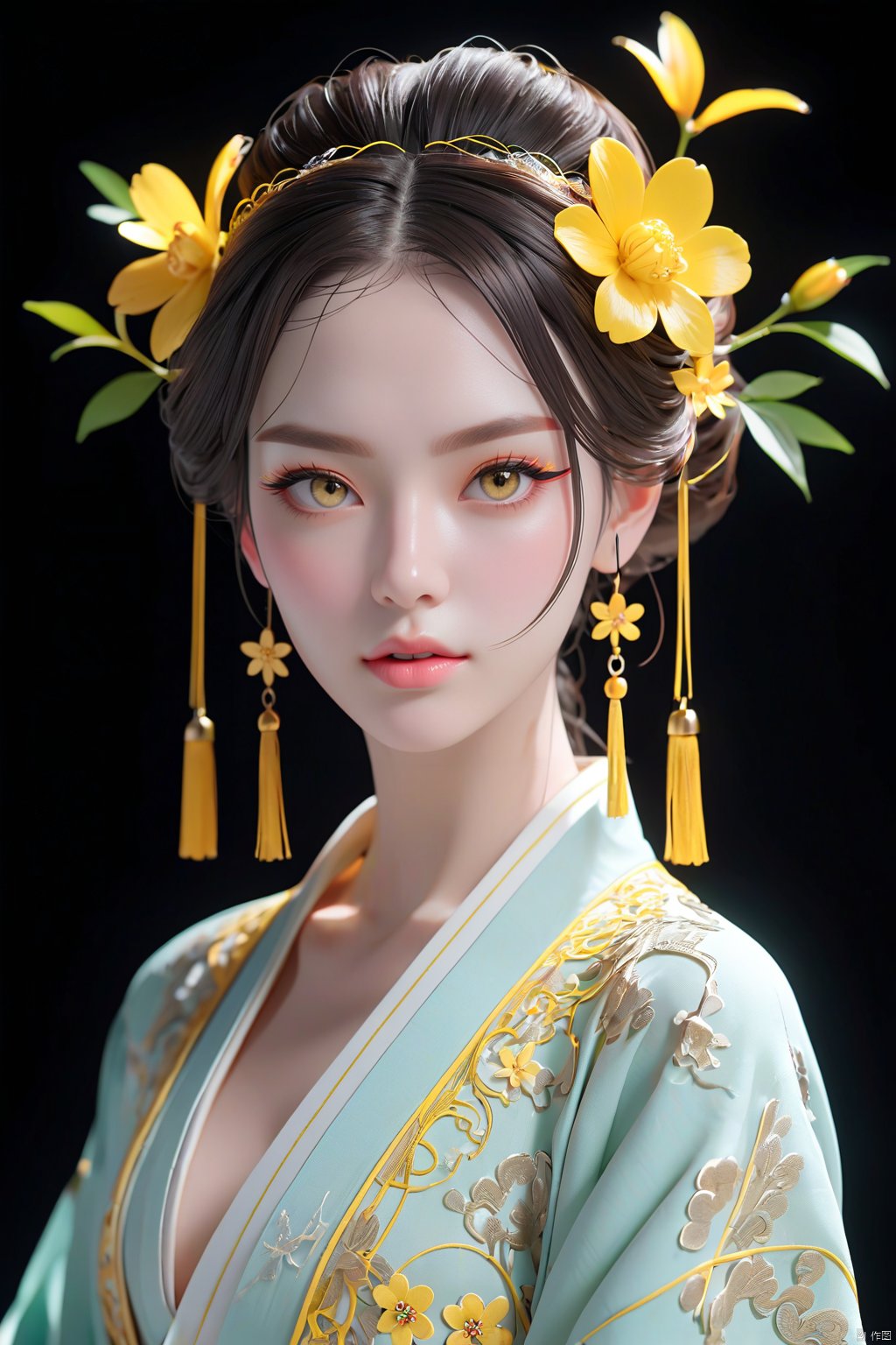 a woman dressed in a traditional Hanfu, She has a dark updo hairstyle adorned with a yellow flower accessory and a tassel, Her makeup is subtle, with emphasis on her eyes and lips, She wears a light-colored Hanfu with intricate embroidery and patterns, The fabric appears to be of high quality, with a sheen that suggests it might be silk or a similar material,