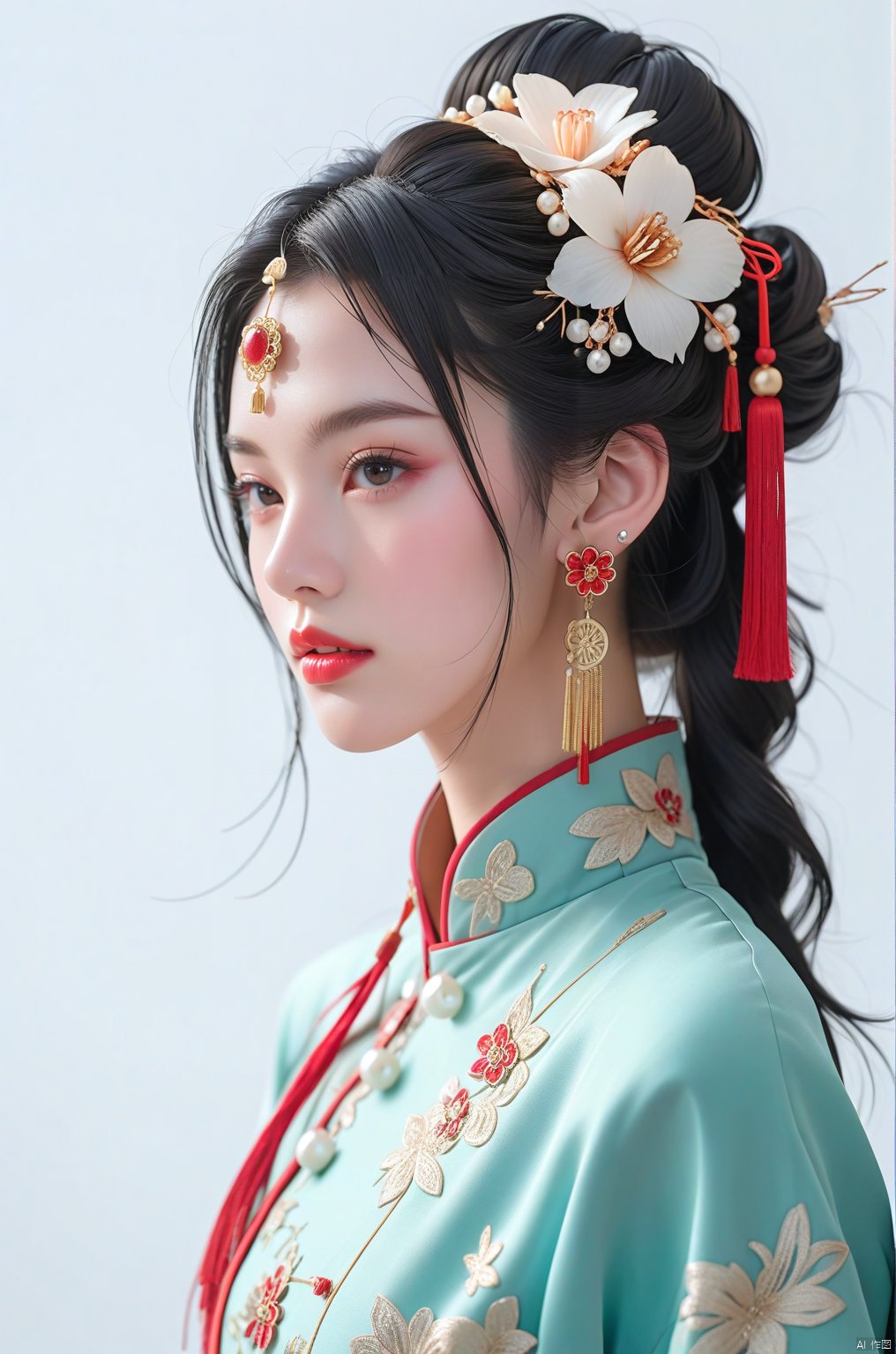 (masterpiece, top quality, best quality, official art, beautiful and aesthetic:1.2),meixue, 1girl, hair ornament, solo, jewelry, earrings, beads, looking at side, flower, black hair, make up, chinese clothes, from side, red lips, closed mouth, hair flower, pearl \(gemstone\), white background, upper body, tassel, hair bun