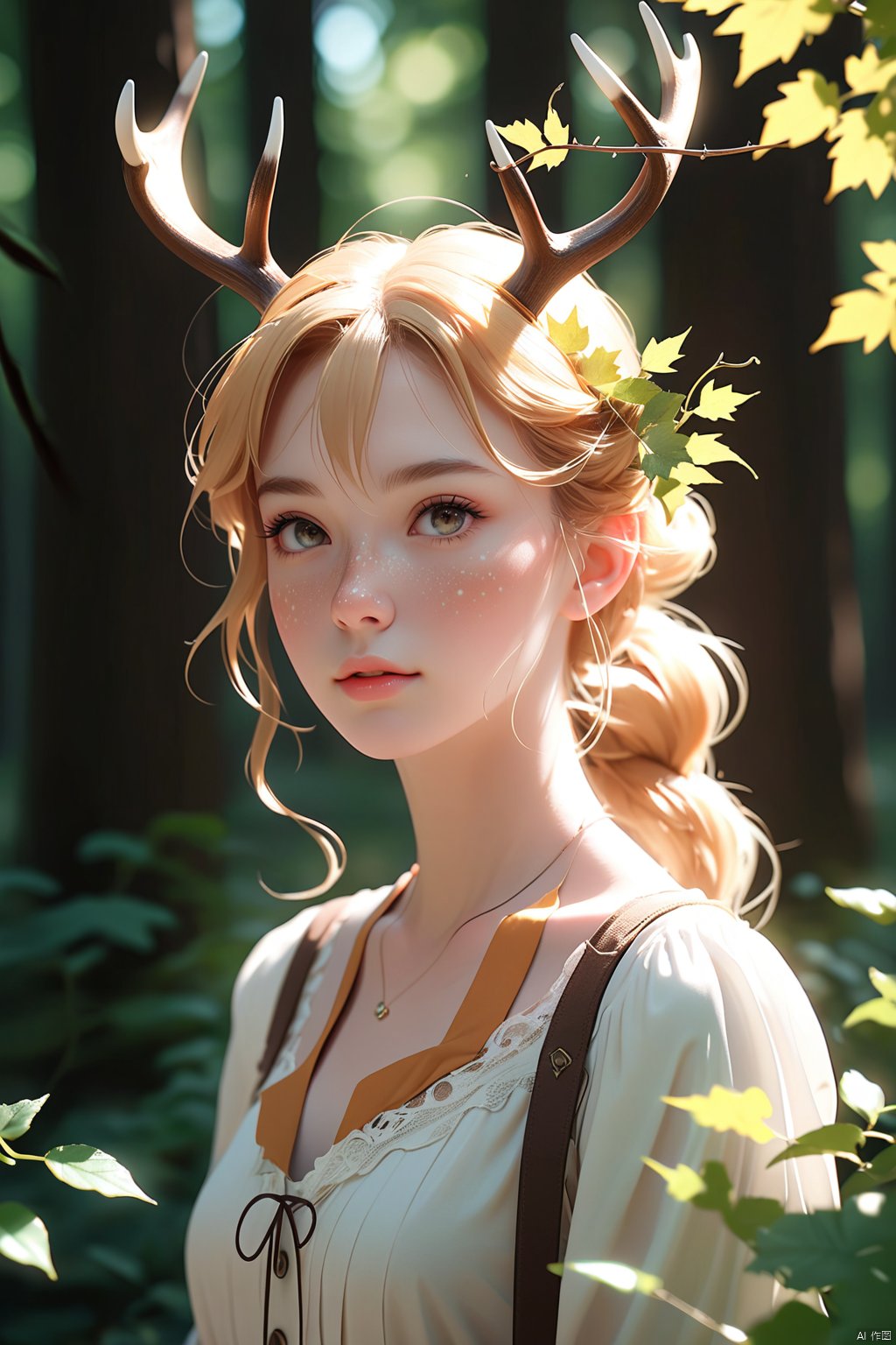 Vintage portrait, photography style, soft focus, pure face,Deer, girl, antlers, vine with leaves, Blonde hair, European and American advanced face, freckles, Detailed light and shadow, Wind, (Strong Sunshine),Two plaits, The forest,Front light source, , 1girl, 1 girl