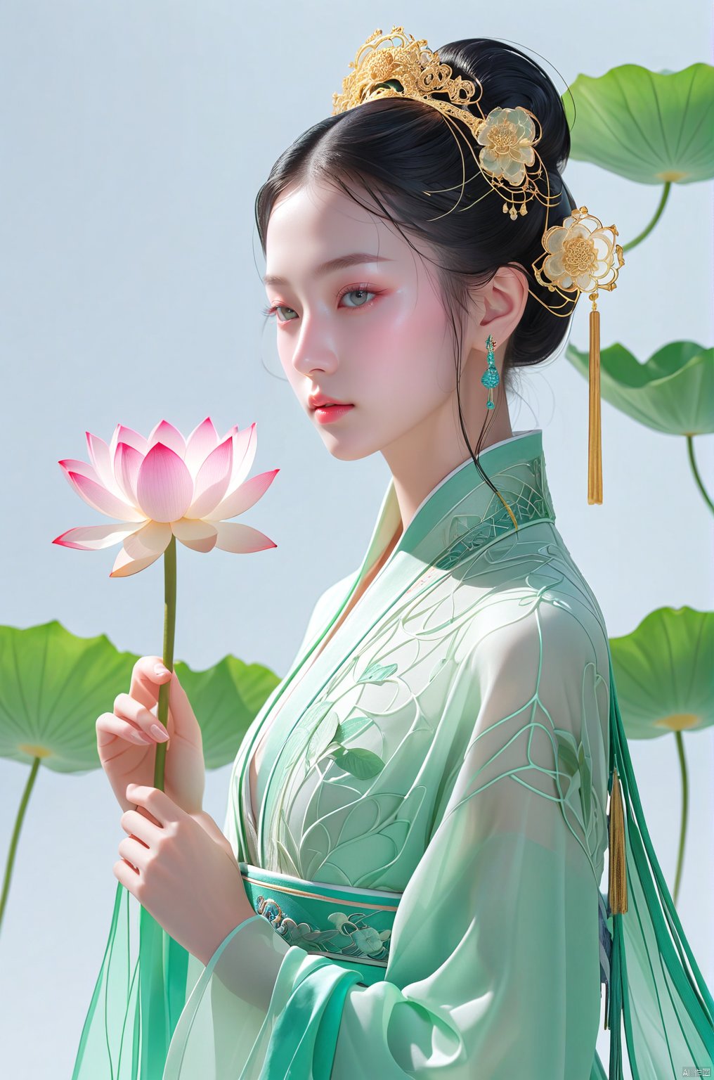 breathtaking Ancient Chinese Beauty, wearing Hanfu, standing by one enormous lotus leave with intricate patterns, median transparent/translucent lotus leave, soft glow, in the style of Albert Watson, minimalism, light emerald and white, simple white background, surrealist, feminine sensibilities . award-winning, professional, highly detailed