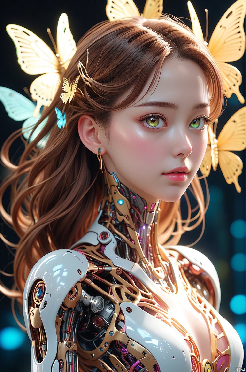 professional 3d model,anime artwork pixar,3d style,good shine,OC rendering,highly detailed,volumetric,dramatic lighting,8k portrait of beautiful cyborg with brown hair,intricate,elegant,highly detailed,majestic,surreal painting gold butterfly filigree,broken glass,(masterpiece,sidelighting,finely detailed beautiful eyes: 1.2),hdr,beautiful colorful background,very beautiful,masterpiece,best quality,super detail,anime style,key visual,vibrant,studio anime