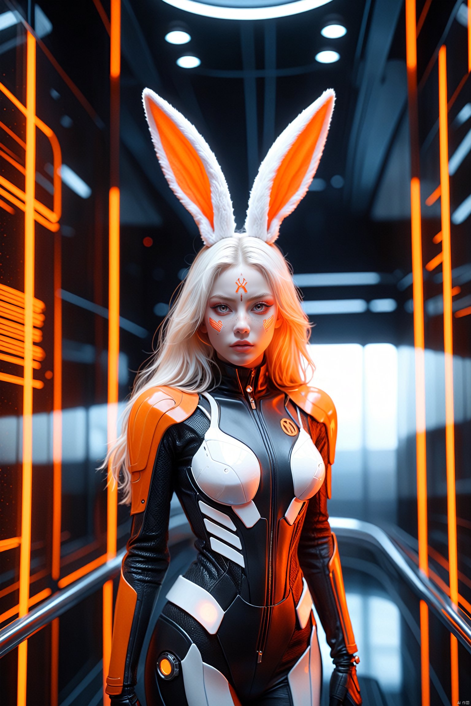  a beautiful female model standing in a space elevator,white hair,rabbit ears,Orange lighting,in the style of realistic hyper-detailed rendering,pseudo-realistic,redscale film,mark henson,nikita veprikov,