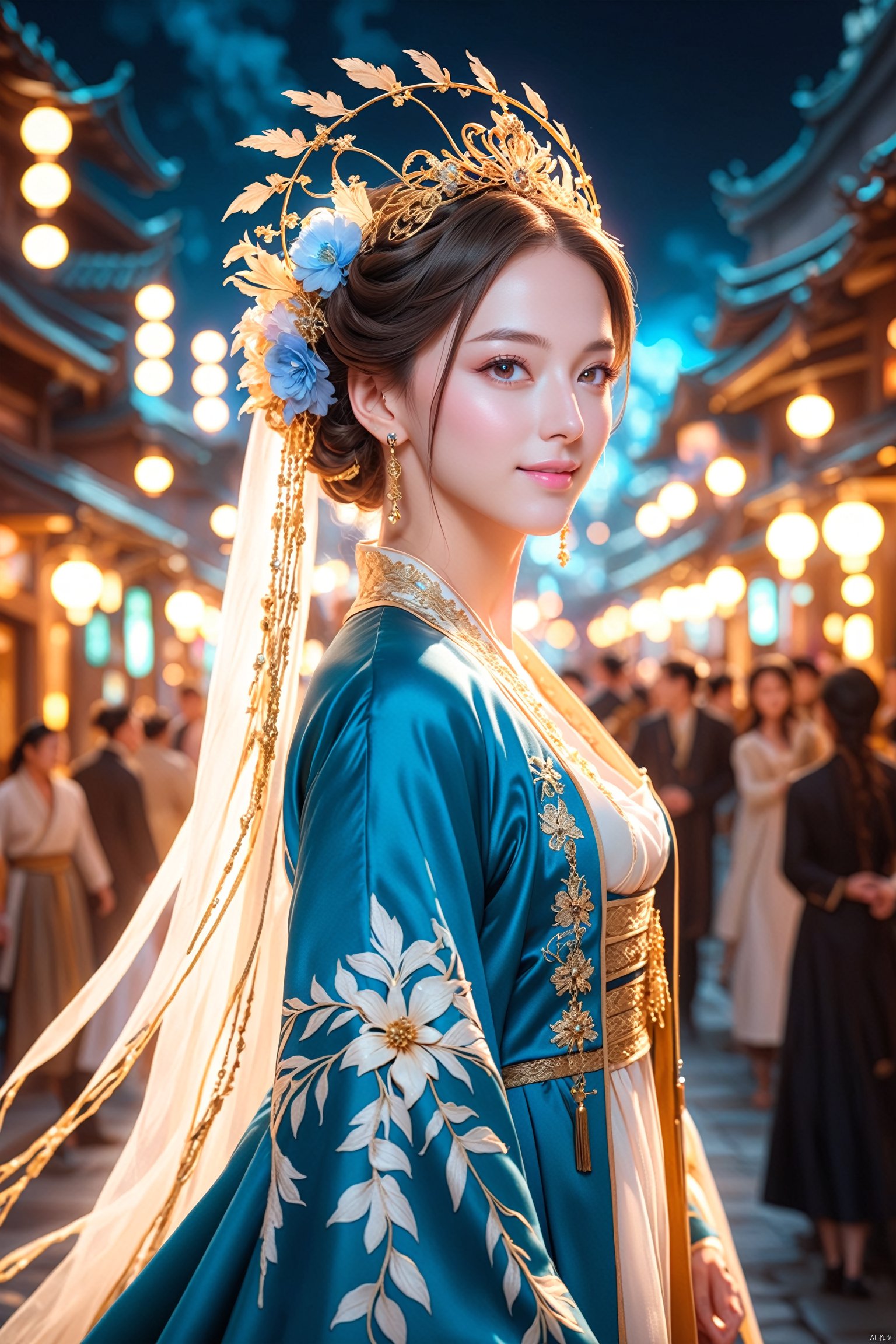 hubg_beauty_girl,HUBG_Rococo_Style(loanword), 1girl, hanfu, Portrait of noble and graceful goddess, dressed in blue and gold, elaborate coiffure hairstyle, dark hair, decoration, 16K, UHD, HDR, Brilliant scene with bright lights, mist, numerous decorations, joyful atmosphere, light smile,HDR, IMAX, 8K resolutions, ultra resolutions, magnificent, best quality, masterpiece,cinematic scenes, cinematic shots, cinematic lighting, volumetric lighting, ultra-detailed,