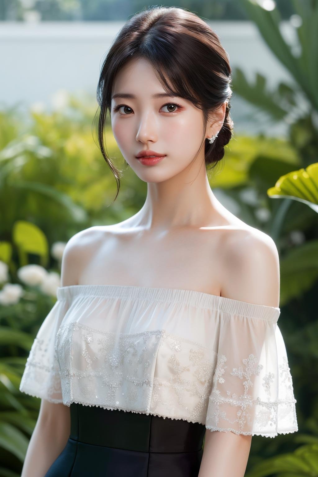 Best quality, masterpiece, ultra high res, (photorealistic:1.4), raw photo,1girl, solo, realistic, looking at viewer, upper body,simple background, black dress, off shoulder,  <lora:makina69_suzy_v1.0:1>