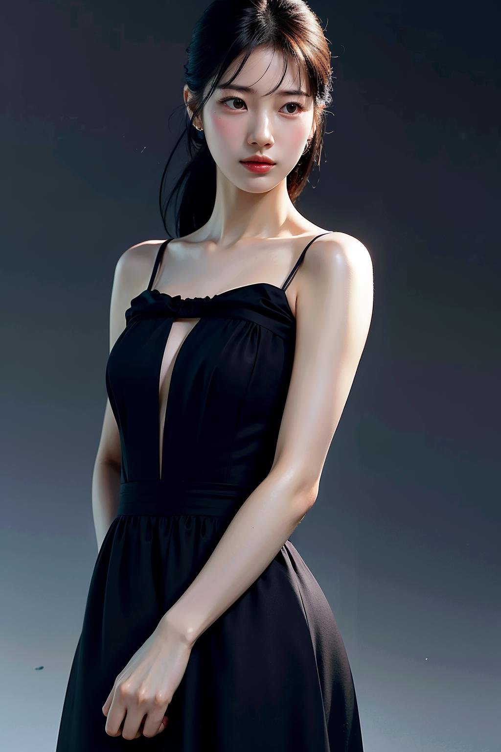 Best quality, masterpiece, ultra high res, (photorealistic:1.4), raw photo,1girl, solo, realistic, looking at viewer, upper body,simple gray background, black dress, <lora:makina69_suzy_v1.0:1>