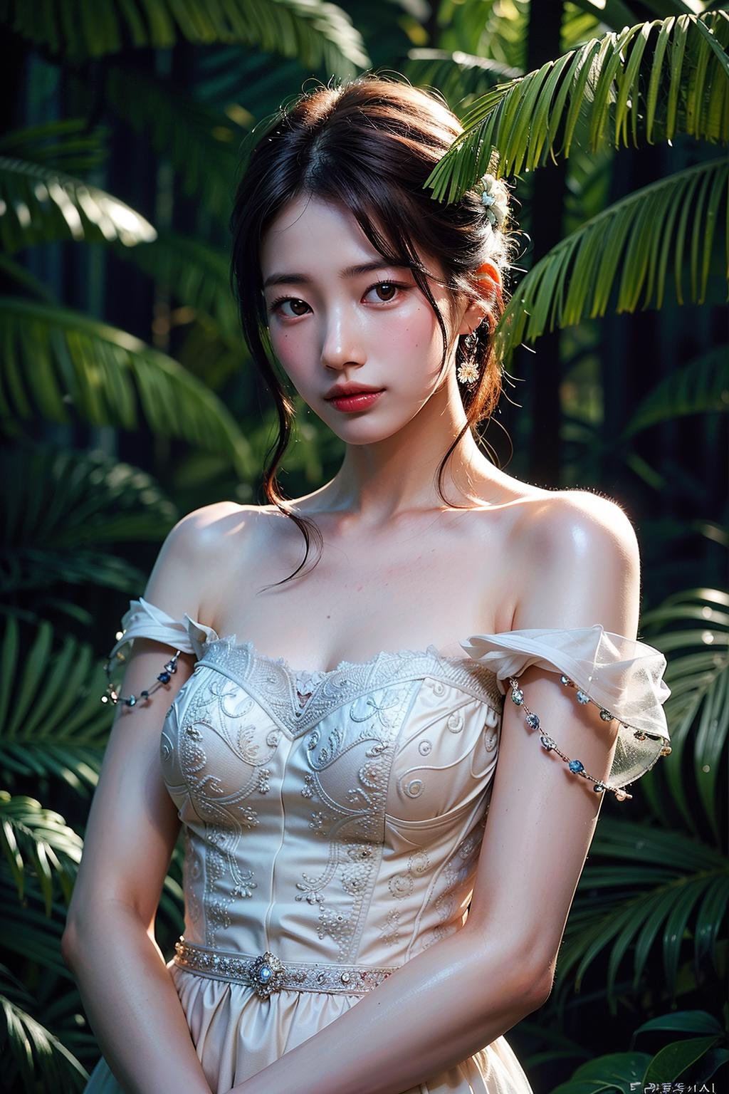 (realistic), (hyperrealism),best quality, masterpiece,ultra high res, (photorealistic:1.4),1girl,pale skin,skinny,(looking at viewer:2), <lora:add_detail:0.6>,forest, flowers, sunlight,<lora:makina69_suzy_v1.0:1>   , (tattered) wedding dress , bare shoulders, upper body,