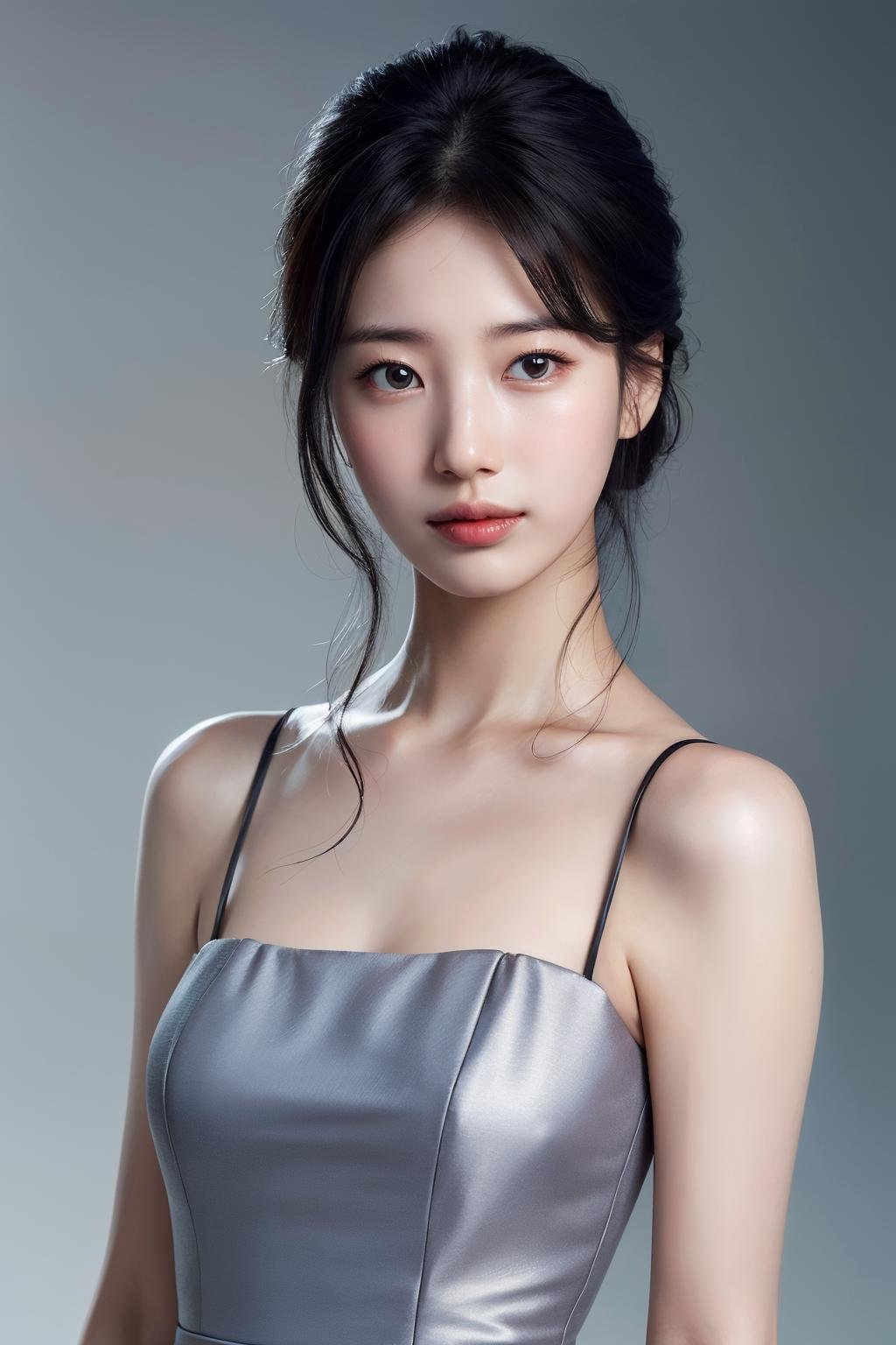 Best quality, masterpiece, ultra high res, (photorealistic:1.4), raw photo,1girl, solo, realistic, looking at viewer, upper body,simple gray background, black dress, <lora:makina69_suzy_v1.0:1>