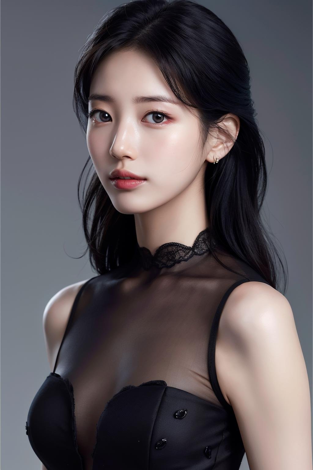 Best quality, masterpiece, ultra high res, (photorealistic:1.4), raw photo,1girl, solo, realistic, looking at viewer, close up,simple gray background, black dress, <lora:makina69_suzy_v1.0:1>