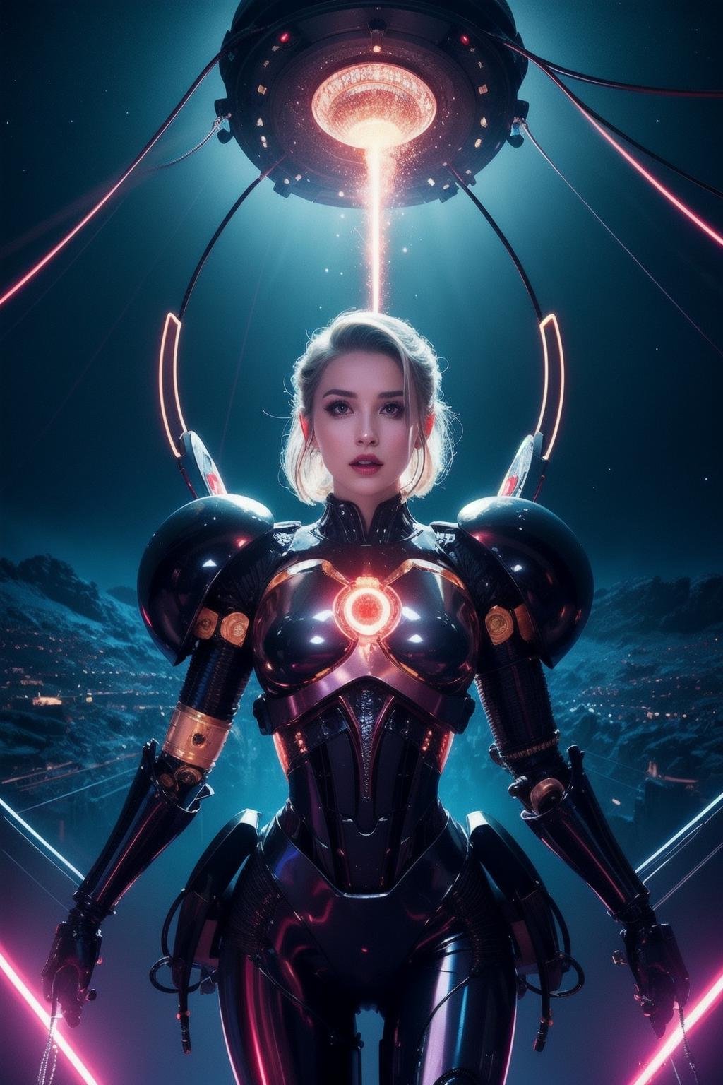 masterpiece,alien-themed Bear Witness to the Might of the Cosmic Cyber Warrior: An Incredible Mix of Technology and Allure Set Among Spectacular Interstellar Battlescapes. Infused with the unique flair of Jovana Rikalo,Brandon Woelfel,and Ross Tran,this indomitable cyborg reigns supreme over otherworldly turmoil. Delicate cables snake harmoniously beneath luminous epidermis,while her mighty vertebrae prop up an elegantly fashioned human cranium graced by cascading neon undercut tresses. Radiating self-assurance,her resplendent visage elicits awe as she advances fearlessly,solidifying legends of triumph and eternal reverencE. extraterrestrial,cosmic,otherworldly,mysterious,sci-fi,highly detailed,