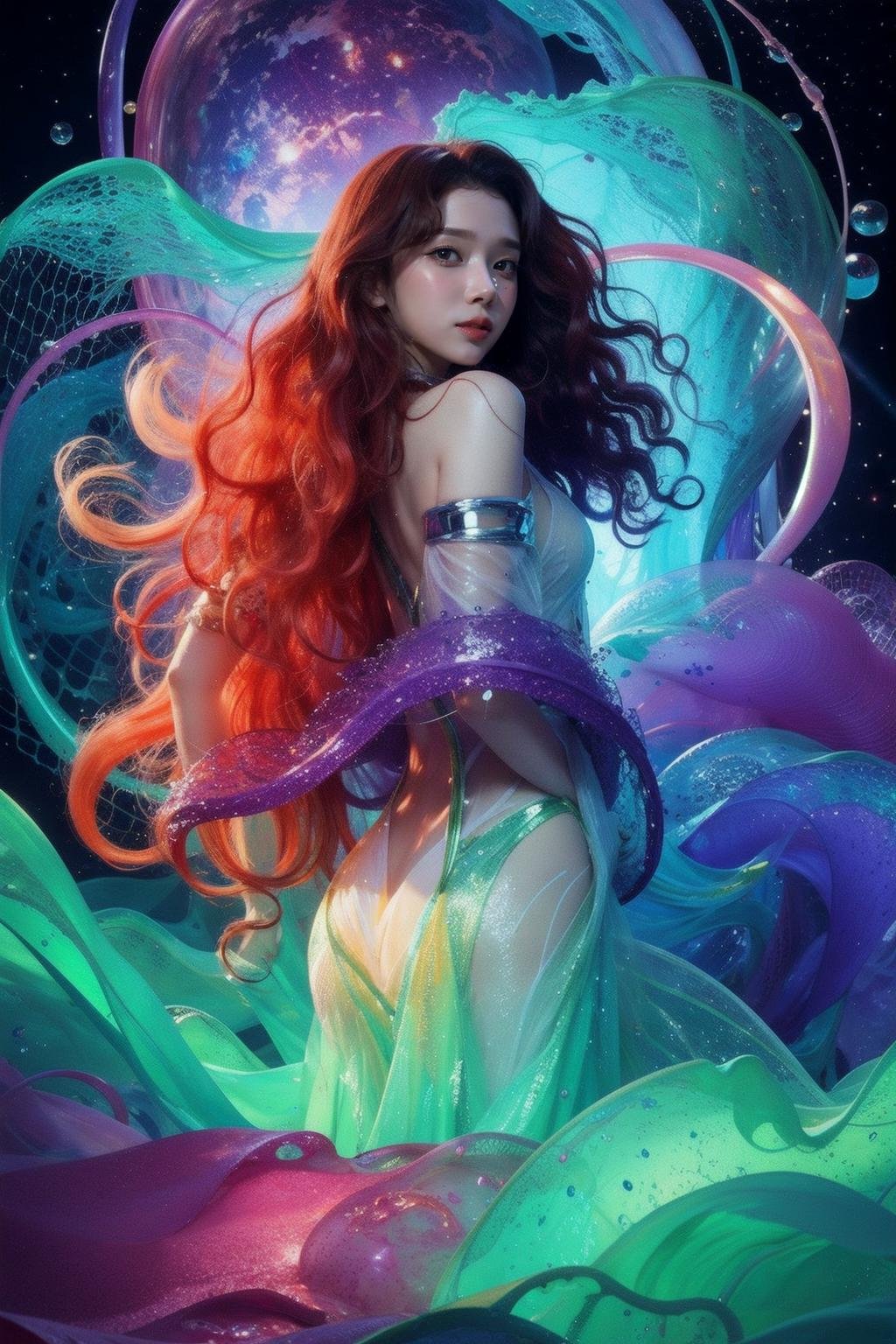 ultra detailed illustration of asian girl covered in liquid chrome,lost in a dreamy fairy multiverse by ross tran,Andrew Thomas Huang,dan mumford,Druillet,colorful,front view,vivid colors,8k,coherent,artgerm,anime vibes,octane render,uplifting,magical composition,artstation, <lora:makina69_winter_v4.5:1>, red wavy hair,