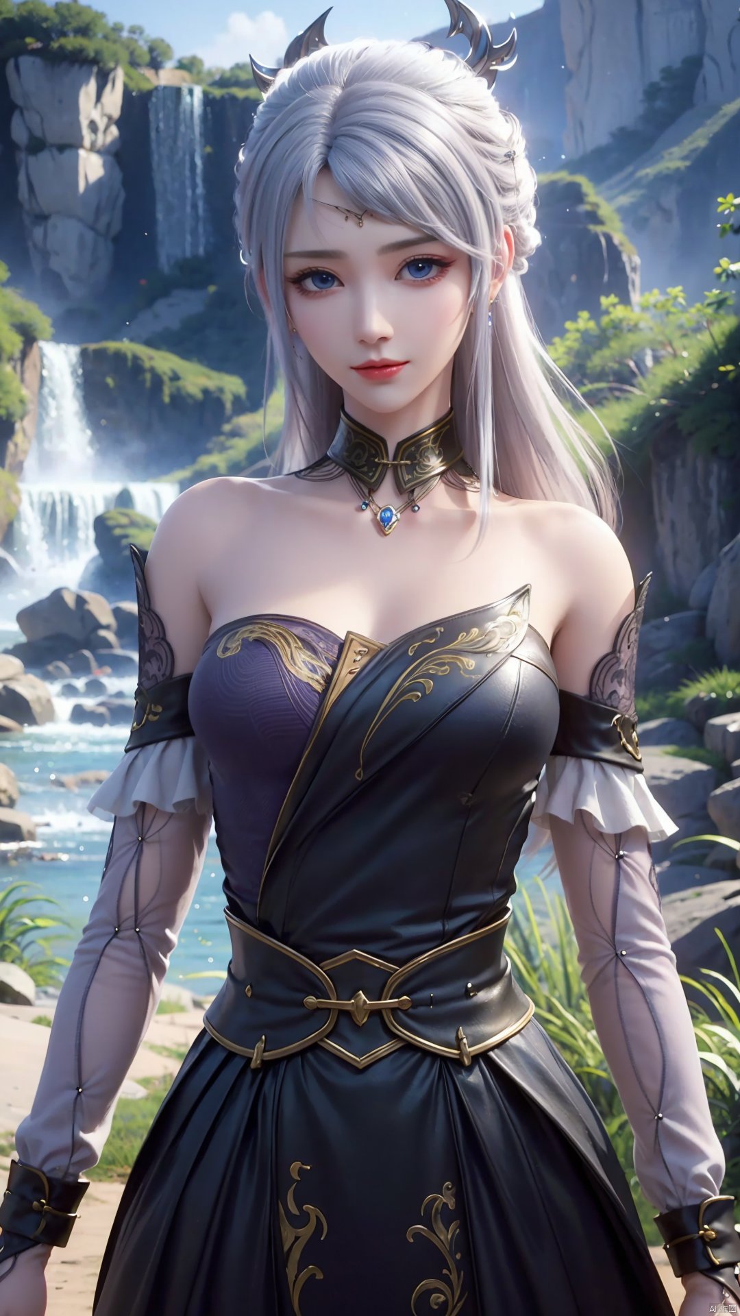 1girl, solo, blue eyes, white hair, black dress, jewelry, bare shoulders, detached sleeves, long hair, earrings, strapless dress, mischevious smile, perfect body, scenery, sharp focus, best quality, masterpiece, detailed outfit, illustration, perfect eyes, finely detailed beautiful anime eyes, realistic skin, intricate details, best lighting, depth of field, ultra high resolution,cowboy_shot, dynamic pose, dynamic angle,