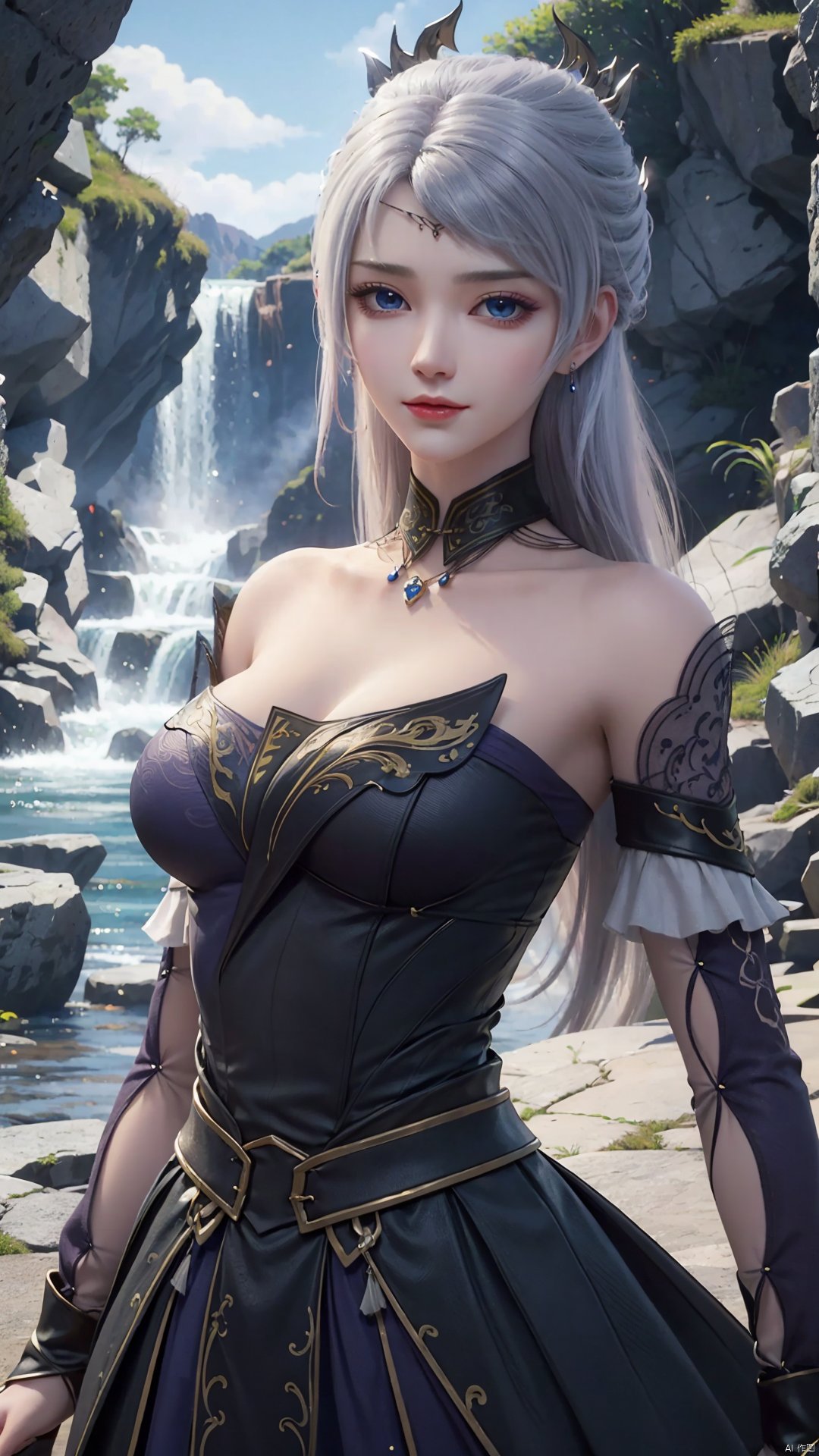 1girl, solo, blue eyes, white hair, black dress, jewelry, bare shoulders, detached sleeves, long hair, earrings, strapless dress, mischevious smile, perfect body, scenery, sharp focus, best quality, masterpiece, detailed outfit, illustration, perfect eyes, finely detailed beautiful anime eyes, realistic skin, intricate details, best lighting, depth of field, ultra high resolution,cowboy_shot, dynamic pose, dynamic angle,