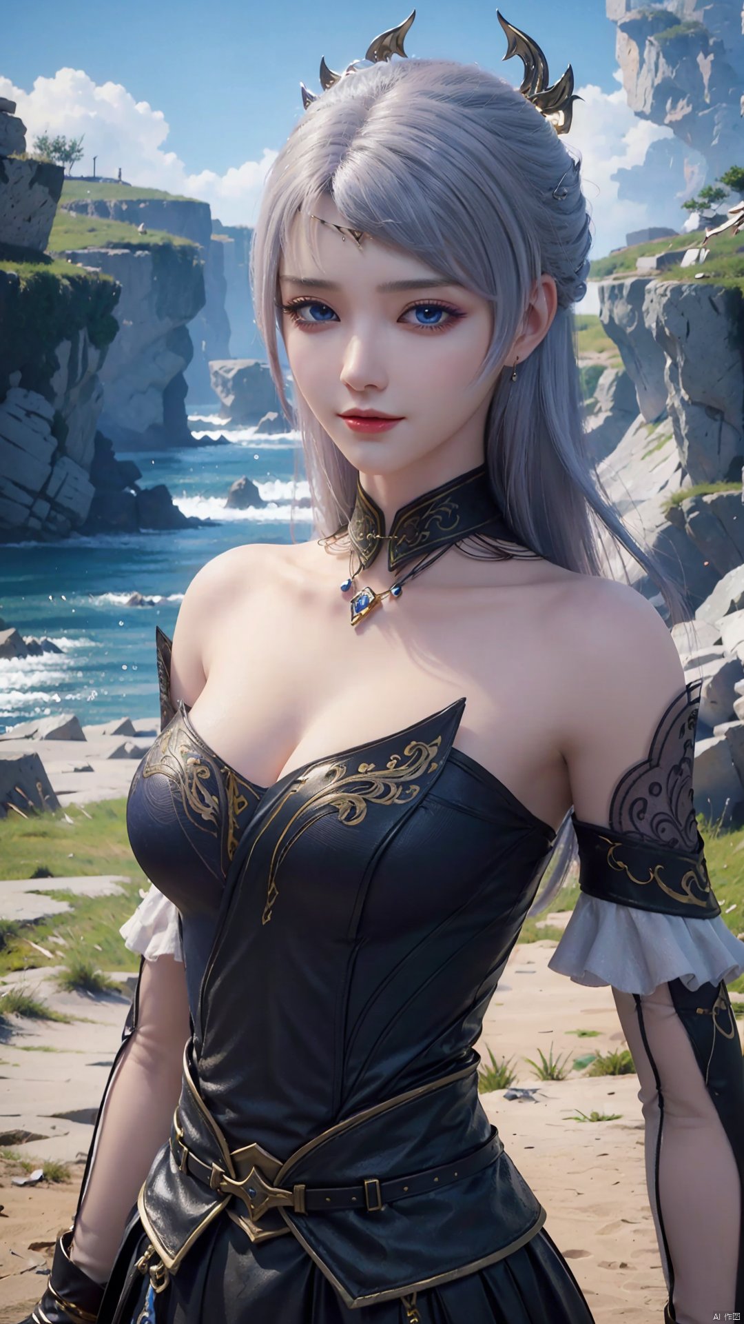 1girl, solo, blue eyes, white hair, black dress, jewelry, bare shoulders, detached sleeves, long hair, earrings, strapless dress, mischevious smile, perfect body, scenery, sharp focus, best quality, masterpiece, detailed outfit, illustration, perfect eyes, finely detailed beautiful anime eyes, realistic skin, intricate details, best lighting, depth of field, ultra high resolution,cowboy_shot, dynamic pose, dynamic angle,