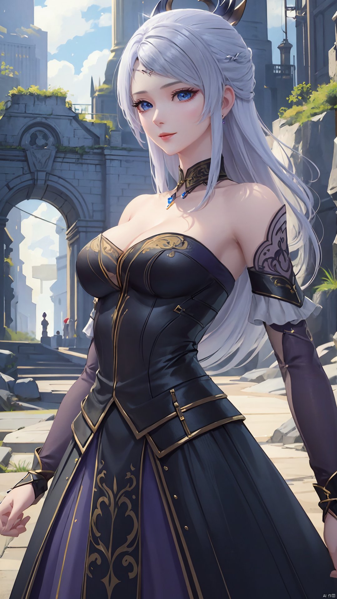 1girl, solo, blue eyes, white hair, black dress, jewelry, bare shoulders, detached sleeves, long hair, earrings, strapless dress, mischevious smile, perfect body, scenery, sharp focus, best quality, masterpiece, detailed outfit, illustration, perfect eyes, finely detailed beautiful anime eyes, realistic skin, intricate details, best lighting, depth of field, ultra high resolution,cowboy_shot, dynamic pose, dynamic angle,