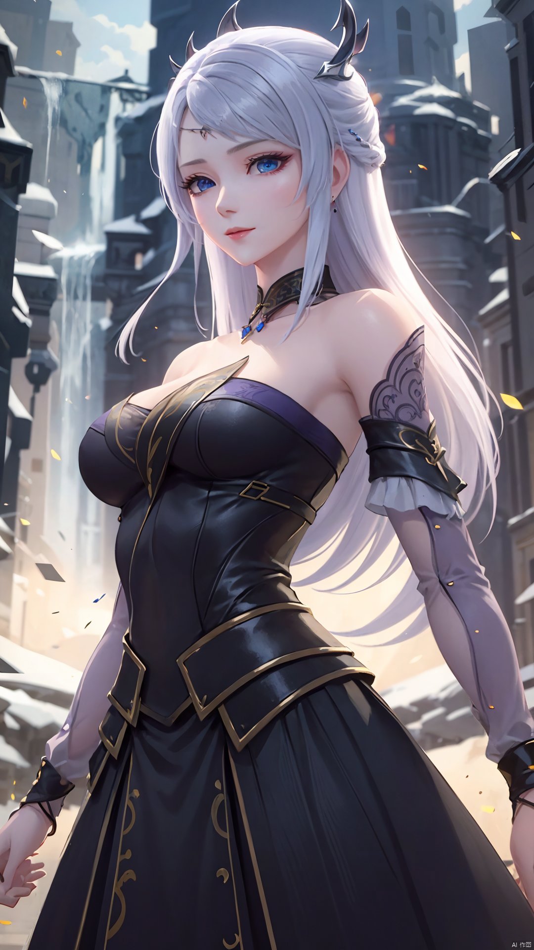 1girl, solo, blue eyes, white hair, black dress, jewelry, bare shoulders, detached sleeves, long hair, earrings, strapless dress, mischevious smile, perfect body, scenery, sharp focus, best quality, masterpiece, detailed outfit, illustration, perfect eyes, finely detailed beautiful anime eyes, realistic skin, intricate details, best lighting, depth of field, ultra high resolution,cowboy_shot, dynamic pose, dynamic angle,