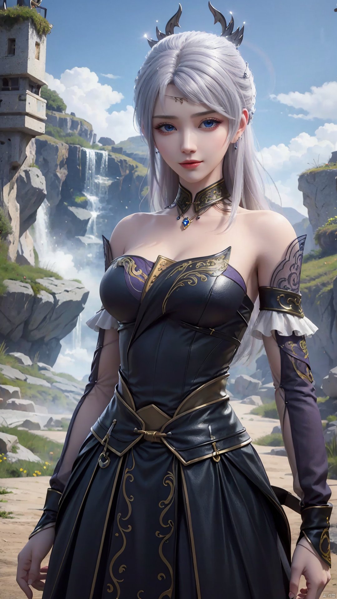 1girl, solo, blue eyes, white hair, black dress, jewelry, bare shoulders, detached sleeves, long hair, earrings, strapless dress, mischevious smile, perfect body, scenery, sharp focus, best quality, masterpiece, detailed outfit, illustration, perfect eyes, finely detailed beautiful anime eyes, realistic skin, intricate details, best lighting, depth of field, ultra high resolution,cowboy_shot, dynamic pose, dynamic angle,