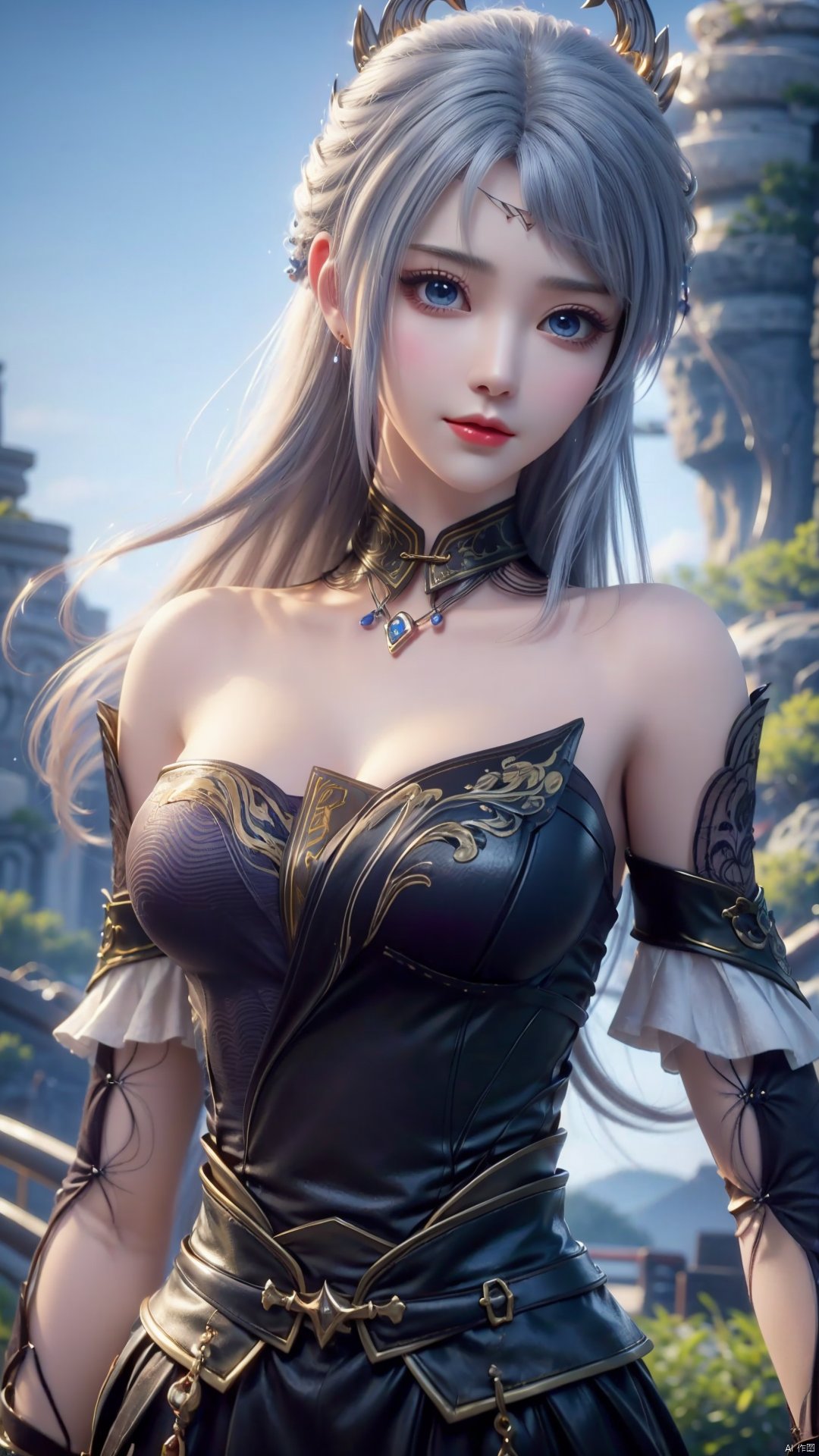 1girl, solo, blue eyes, black dress, jewelry, bare shoulders, detached sleeves, long hair, earrings, strapless dress, mischevious smile, perfect body, scenery, sharp focus, best quality, masterpiece, detailed outfit, illustration, perfect eyes, finely detailed beautiful anime eyes, realistic skin, intricate details, best lighting, depth of field, ultra high resolution,cowboy_shot, dynamic pose, dynamic angle,