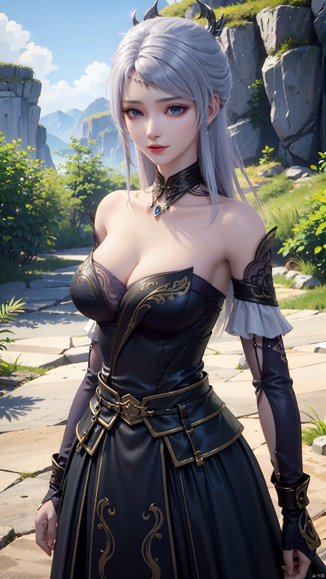 1girl, solo, blue eyes, white hair, black dress, jewelry, bare shoulders, detached sleeves, long hair, earrings, strapless dress, mischevious smile, perfect body, scenery, sharp focus, best quality, masterpiece, detailed outfit, illustration, perfect eyes, finely detailed beautiful anime eyes, realistic skin, intricate details, best lighting, depth of field, ultra high resolution,cowboy_shot, dynamic pose, dynamic angle,