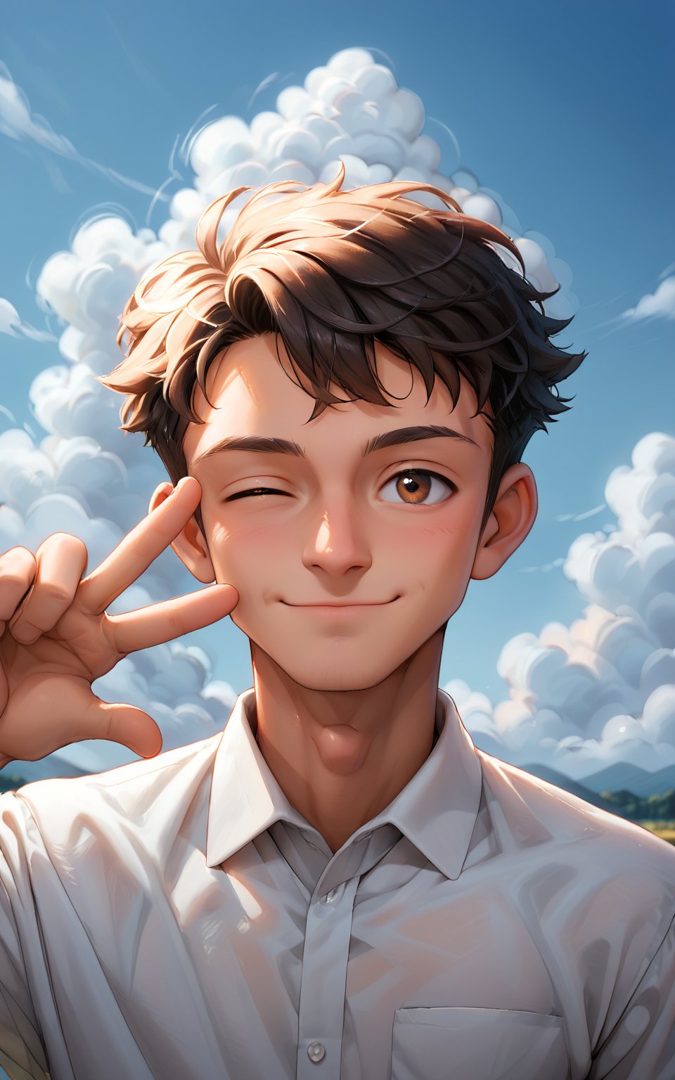 score_9,score_8_up,score_7_up,looking at viewer,smile,short hair,shirt,black hair,1boy,brown eyes,closed mouth,white shirt,upper body,male focus,outdoors,one eye closed,sky,day,collared shirt,cloud,hand up,blue sky,v,cloudy sky