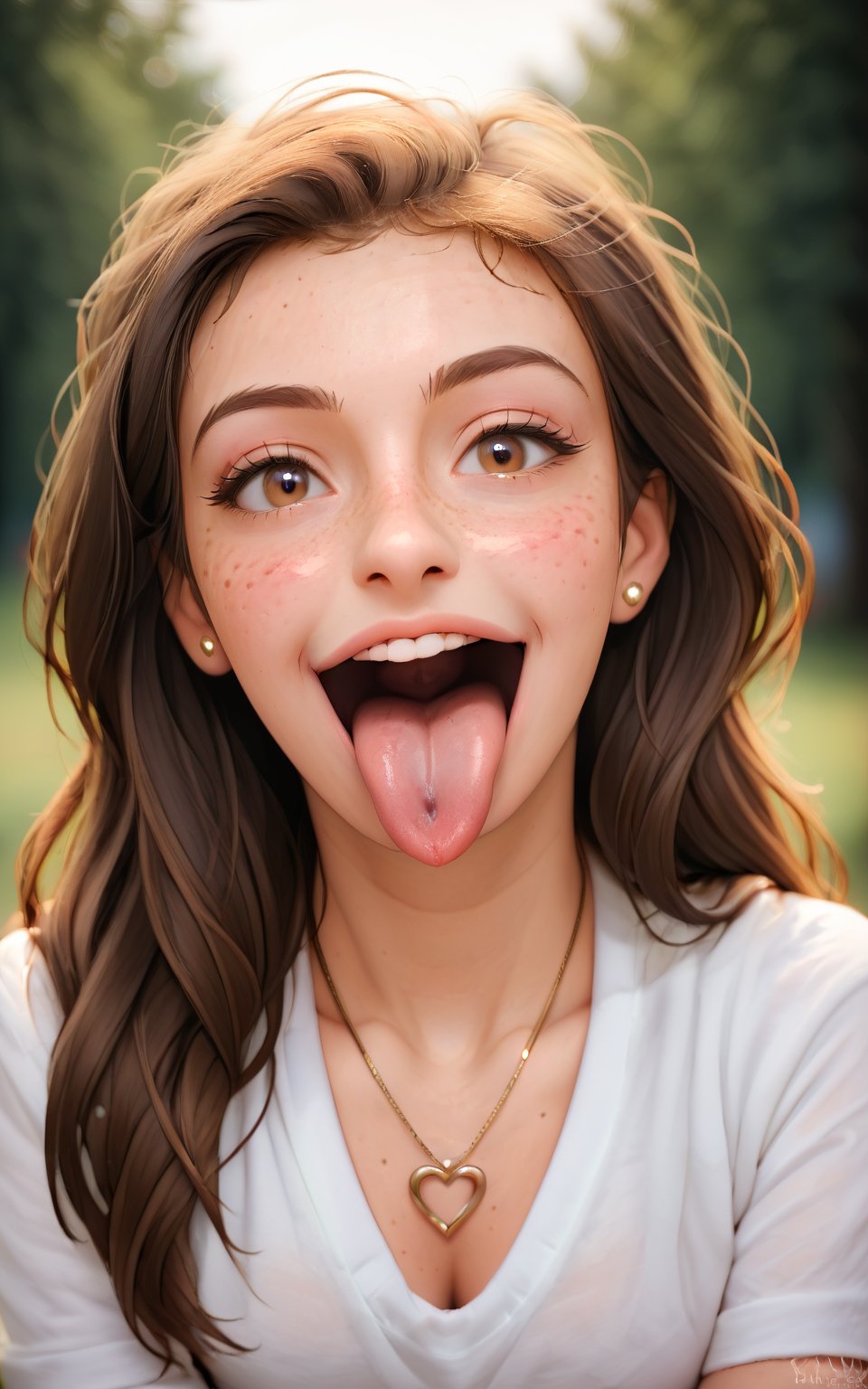 score_9,score_8_up,score_7_up,1girl,long hair,looking at viewer,open mouth,brown hair,shirt,brown eyes,jewelry,white shirt,heart,teeth,tongue,tongue out,necklace,depth of field,blurry background,portrait,freckles