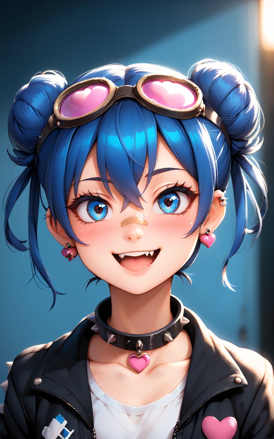 score_9,score_8_up,score_7_up,1girl,long hair,looking at viewer,blush,smile,open mouth,bangs,blue eyes,shirt,hair ornament,hair between eyes,jewelry,blue hair,collarbone,jacket,white shirt,upper body,heart,earrings,open clothes,teeth,choker,necklace,hair bun,collar,open jacket,black jacket,double bun,fangs,piercing,goggles,ear piercing,bandaid,spikes,goggles on head,heart hair ornament,bandaid on face,spiked collar
