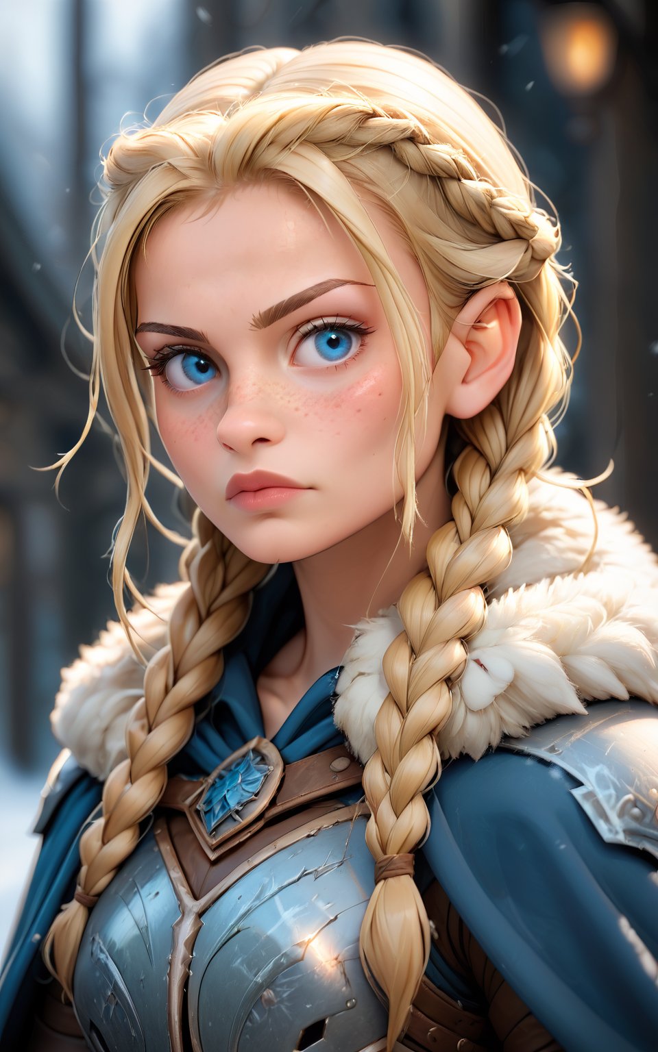 score_9,score_8_up,score_7_up,1girl,long hair,looking at viewer,blue eyes,blonde hair,upper body,braid,cape,armor,mole,twin braids,lips,fur trim,blurry background,freckles