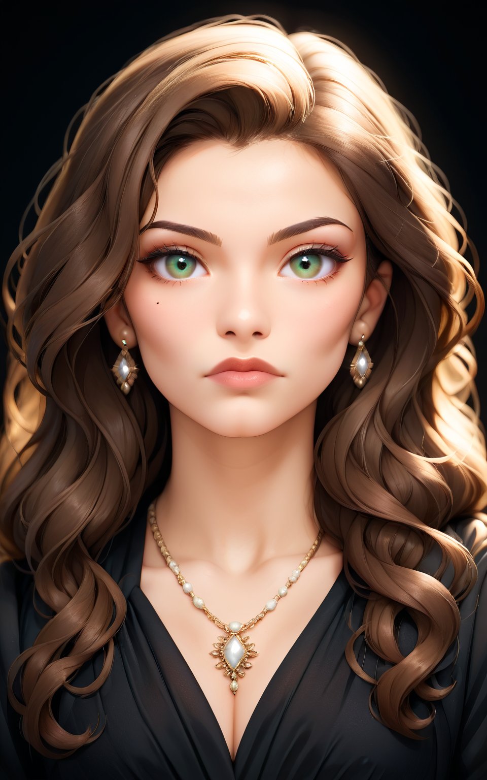 score_9,score_8_up,score_7_up,1girl,long hair,looking at viewer,brown hair,dress,jewelry,green eyes,earrings,necklace,mole,lips,black background,portrait