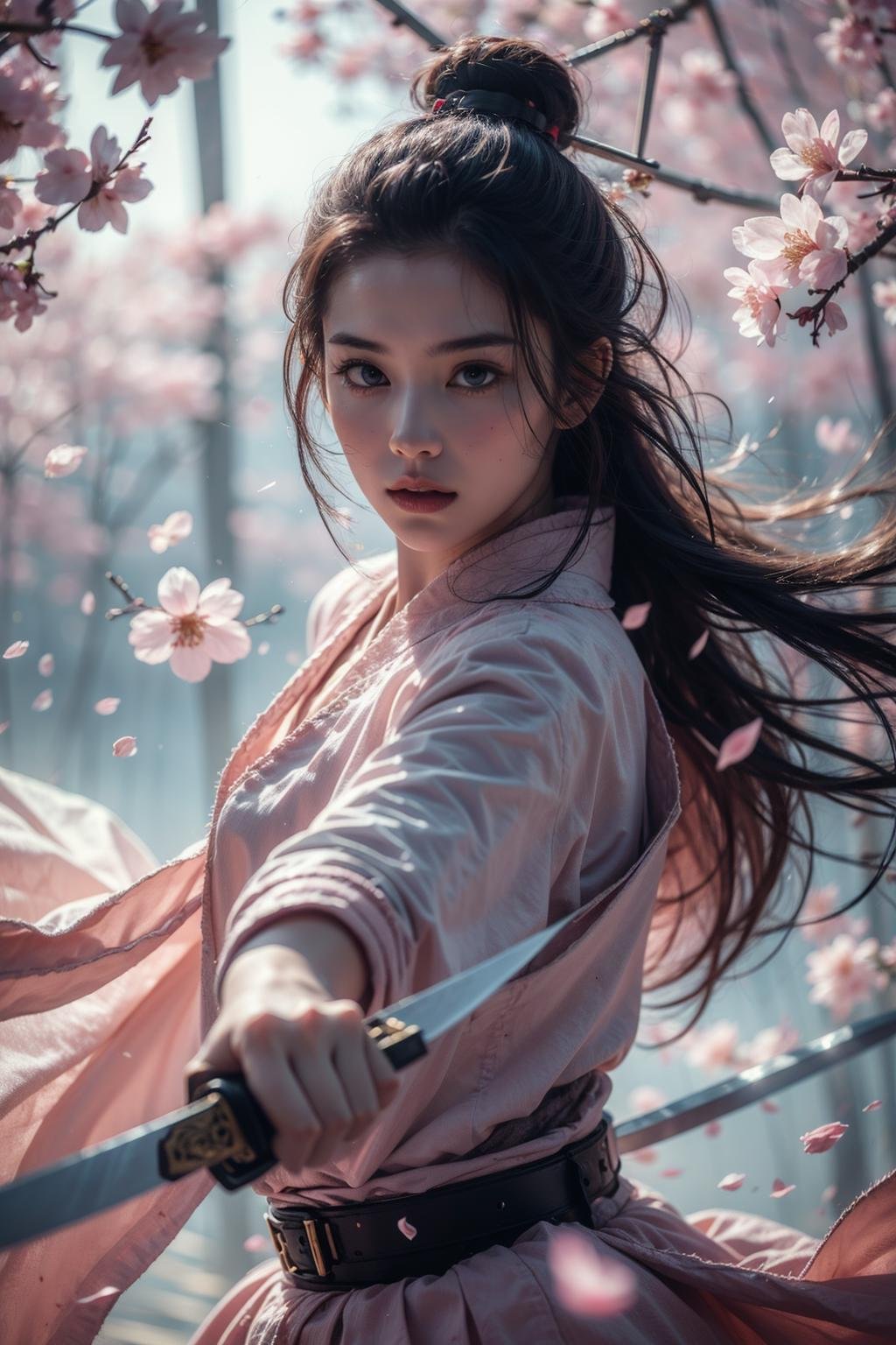 raw photo,1girl,solo, realistic,    <lora:Sword Sakura_20240129064936:0.8>,upper body,blade to side,strike pose,blade down,blade right hand,cherry blossoms,, (masterpiece, best quality, high quality, highres, ultra-detailed),