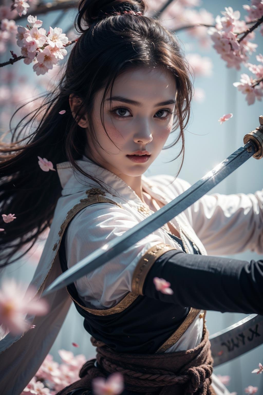 raw photo,1girl,solo, realistic,    <lora:Sword Sakura_20240129064936:0.8>,upper body,blade to side,strike pose,blade down,blade right hand,cherry blossoms,, (masterpiece, best quality, high quality, highres, ultra-detailed),