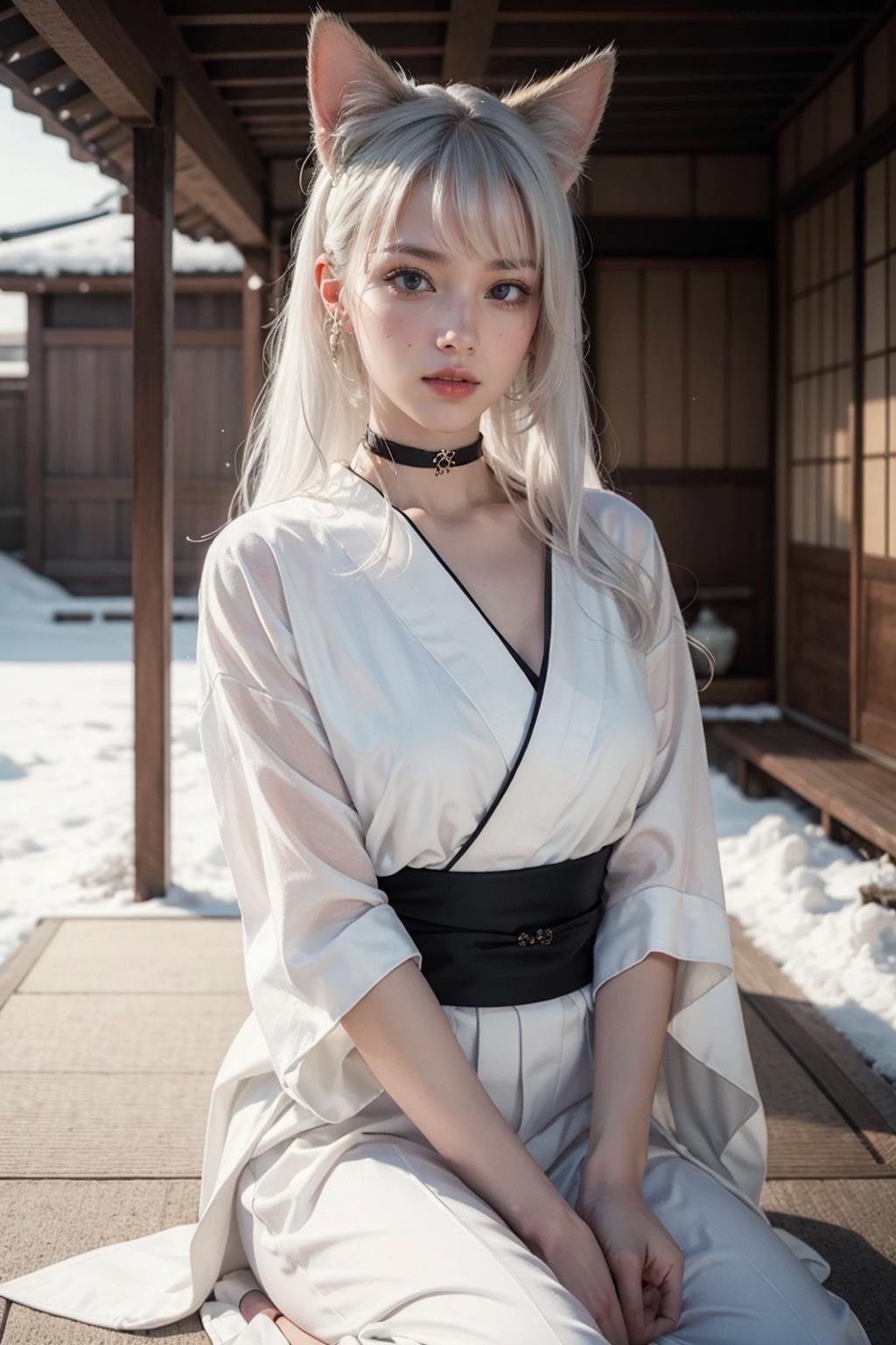 (realistic), (hyperrealism),best quality, masterpiece,ultra high res, (photorealistic:1.4),1girl,pale skin,skinny,(looking at viewer),snow, choker with bell, dynamic pose, cat's ears, , (white hair,) long hair, japanese traditional house, kimono, sitting down,  