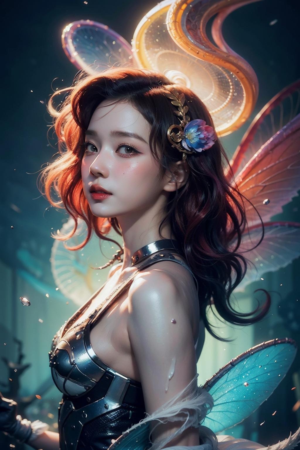 ultra detailed illustration of asian girl covered in liquid chrome,lost in a dreamy fairy multiverse by ross tran,Andrew Thomas Huang,dan mumford,Druillet,colorful,vivid colors,8k,coherent,artgerm,anime vibes,octane render,uplifting,magical composition,artstation, <lora:makina69_winter_v4.5:1>, red wavy hair,