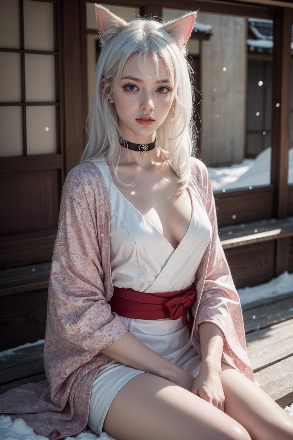 (realistic), (hyperrealism),best quality, masterpiece,ultra high res, (photorealistic:1.4),1girl,pale skin,skinny,(looking at viewer),snow, choker with bell, dynamic pose, cat's ears, , (white hair,) long hair, japanese traditional house, kimono, sitting down, cleavage, thigh slit  