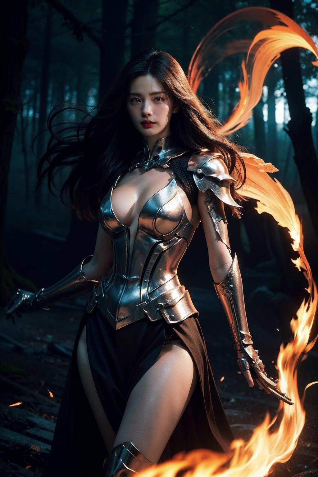 Best quality, masterpiece, ultra high res, (photorealistic), raw photo,The Skeleton young Witch,flying,epoxy_skull,amidst a black swirling vortex in a dark,mystical forest. A beautiful woman with long hair stands,her figure draped in skeletal armor and an ethereal dress,engulfed by the swirling darkness. The scene is intensely cinematic,dominated by deep shadows pierced by subtle hints of light,crafting a dramatic interplay of darkness and luminescence. Wind,intensified to 1.2,weaves through the trees,enhancing her enigmatic silhouette,now surrounded by black smoke and the eye of a storm. Close-up on her sad expression,amidst sparkling embers and a billowing long piece of cloth,, <lora:makina69_nana_v1.0:1>