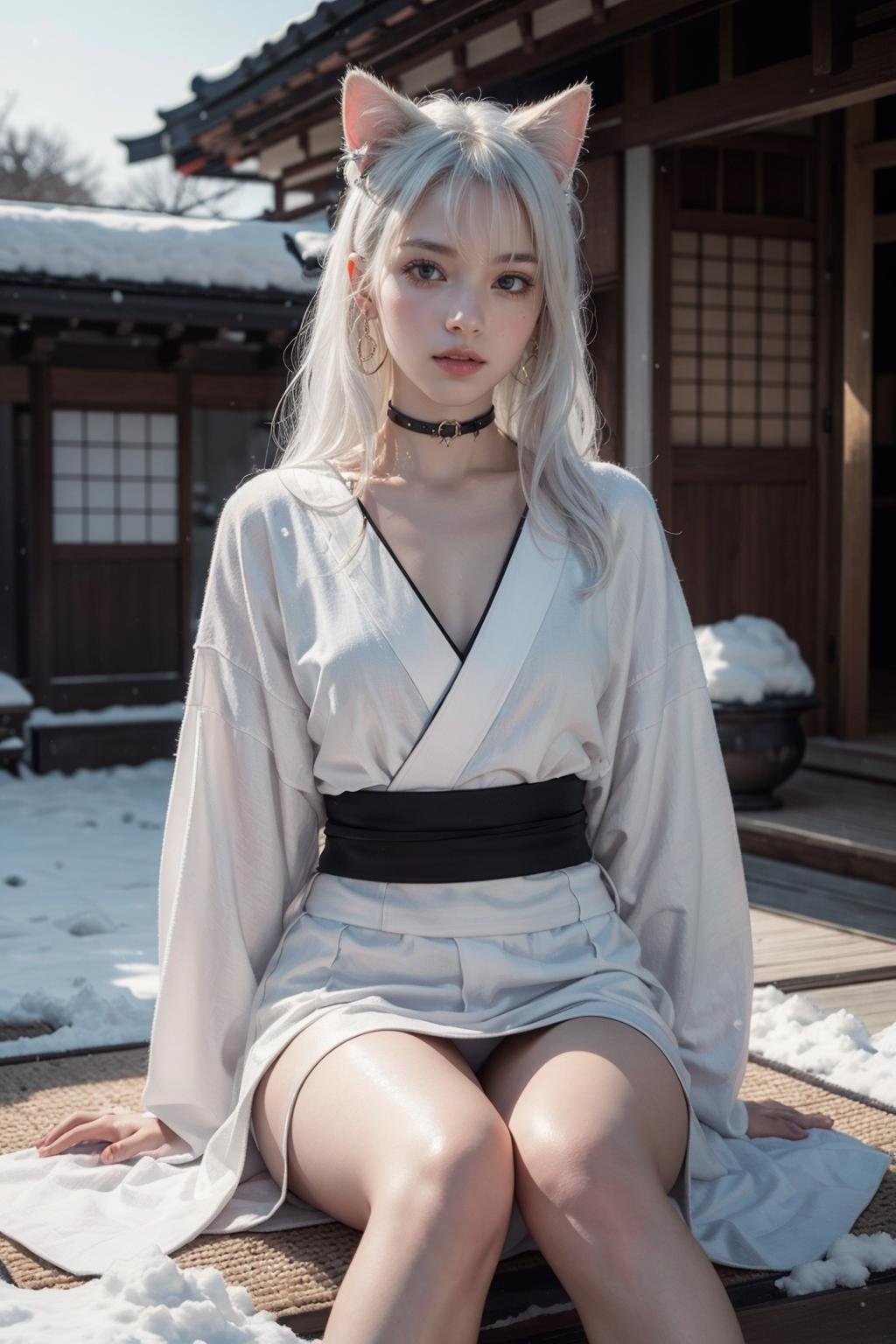 (realistic), (hyperrealism),best quality, masterpiece,ultra high res, (photorealistic:1.4),1girl,pale skin,skinny,(looking at viewer),snow, choker with bell, dynamic pose, cat's ears, , (white hair,) long hair, japanese traditional house, kimono, sitting down,  