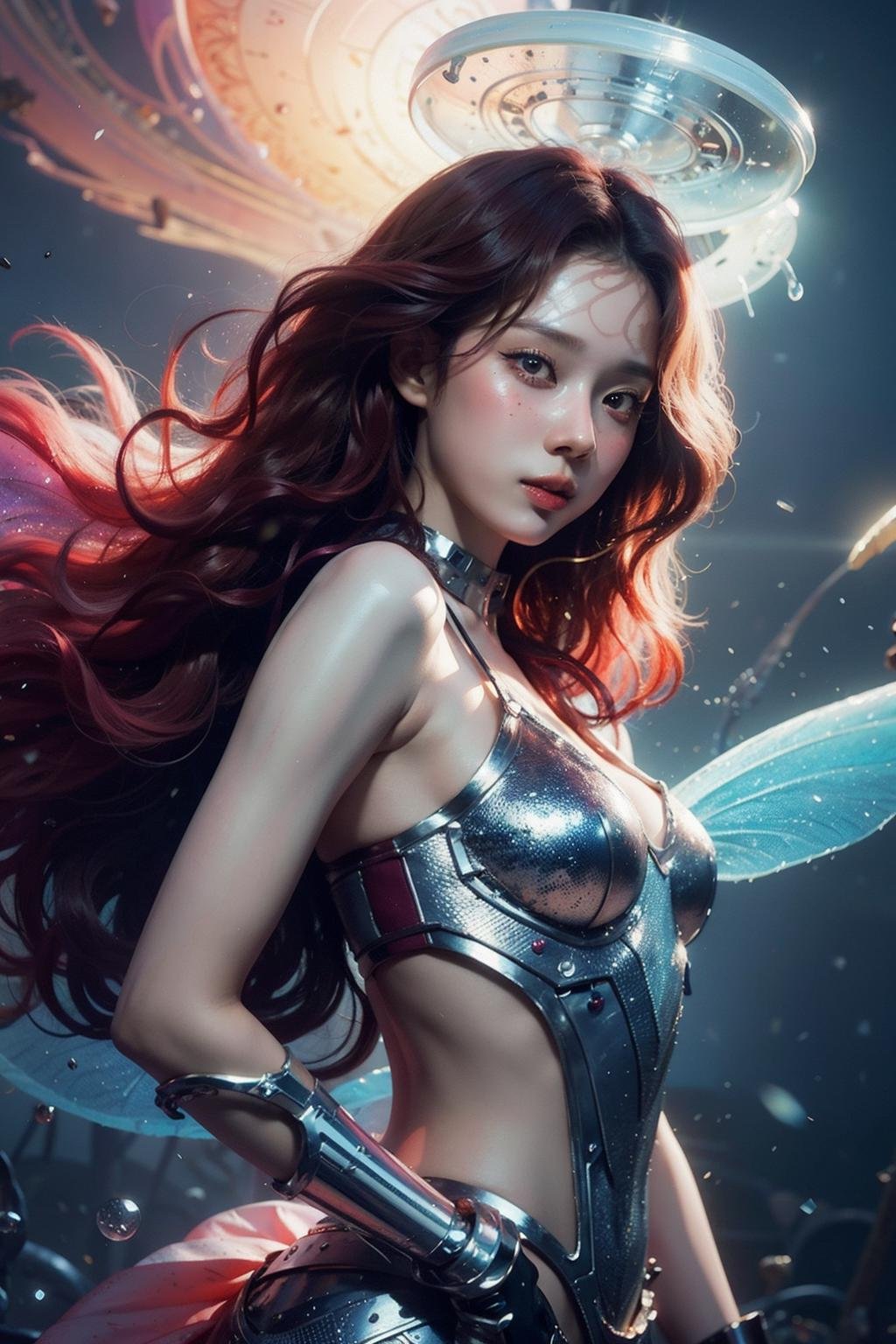 ultra detailed illustration of asian girl covered in liquid chrome,lost in a dreamy fairy multiverse by ross tran,Andrew Thomas Huang,dan mumford,Druillet,colorful,vivid colors,8k,coherent,artgerm,anime vibes,octane render,uplifting,magical composition,artstation, <lora:makina69_winter_v4.5:1>, red wavy hair,