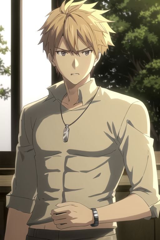 photorealistic, (4k), extremely detailed, hyper detailed, high resolution, professional photography, best quality, ((1boy)), solo, ((male focus)), easynegative, males, Yamato Ishida, (shirtless), sixpack, candid photo, angry, anime, necklace, bracelet, muscular