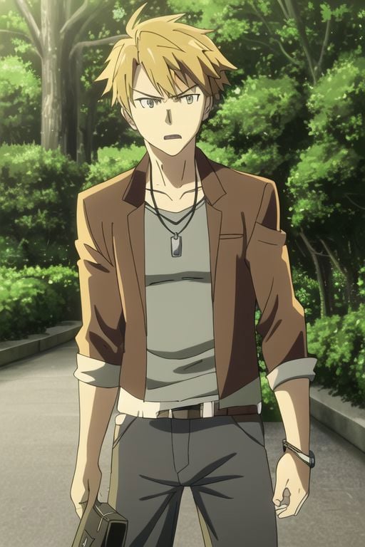 photorealistic, (4k), extremely detailed, hyper detailed, high resolution, professional photography, best quality, ((1boy)), solo, ((male focus)), easynegative, males, Yamato Ishida, (jacket), sixpack, candid photo, angry, anime, necklace, bracelet, muscular