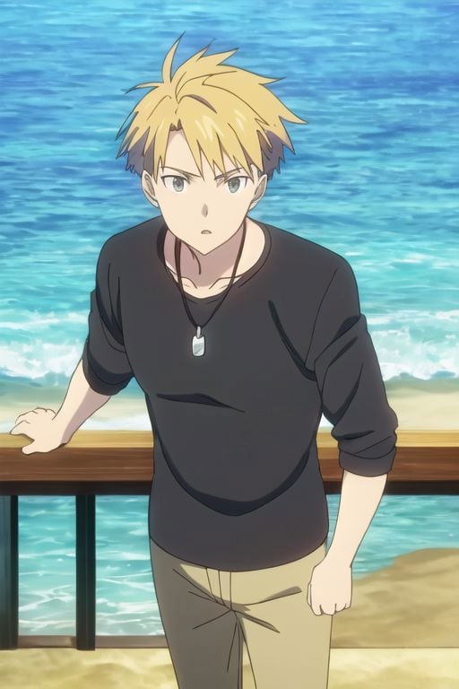 Yamato Ishida, masterpiece, best quality, (1boy), solo, male focus, High definition, Blonde hair, 4K, shirtless, swim on the beach, Necklace