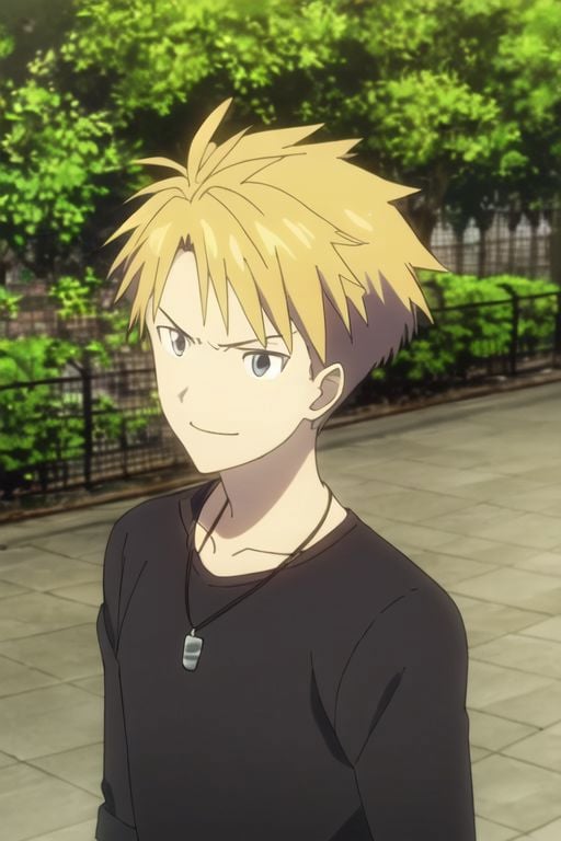 Yamato Ishida, masterpiece, best quality, (1boy), solo, male focus, High definition, Blonde hair, 4K, Angry, Smile, outdoors, Necklace