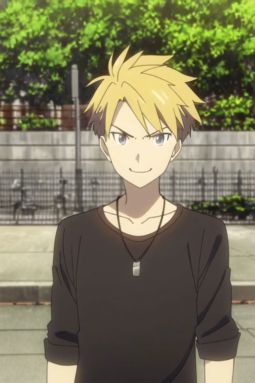 Yamato Ishida, masterpiece, best quality, (1boy), solo, male focus, High definition, Blonde hair, 4K, Angry, Smile, outdoors, Necklace